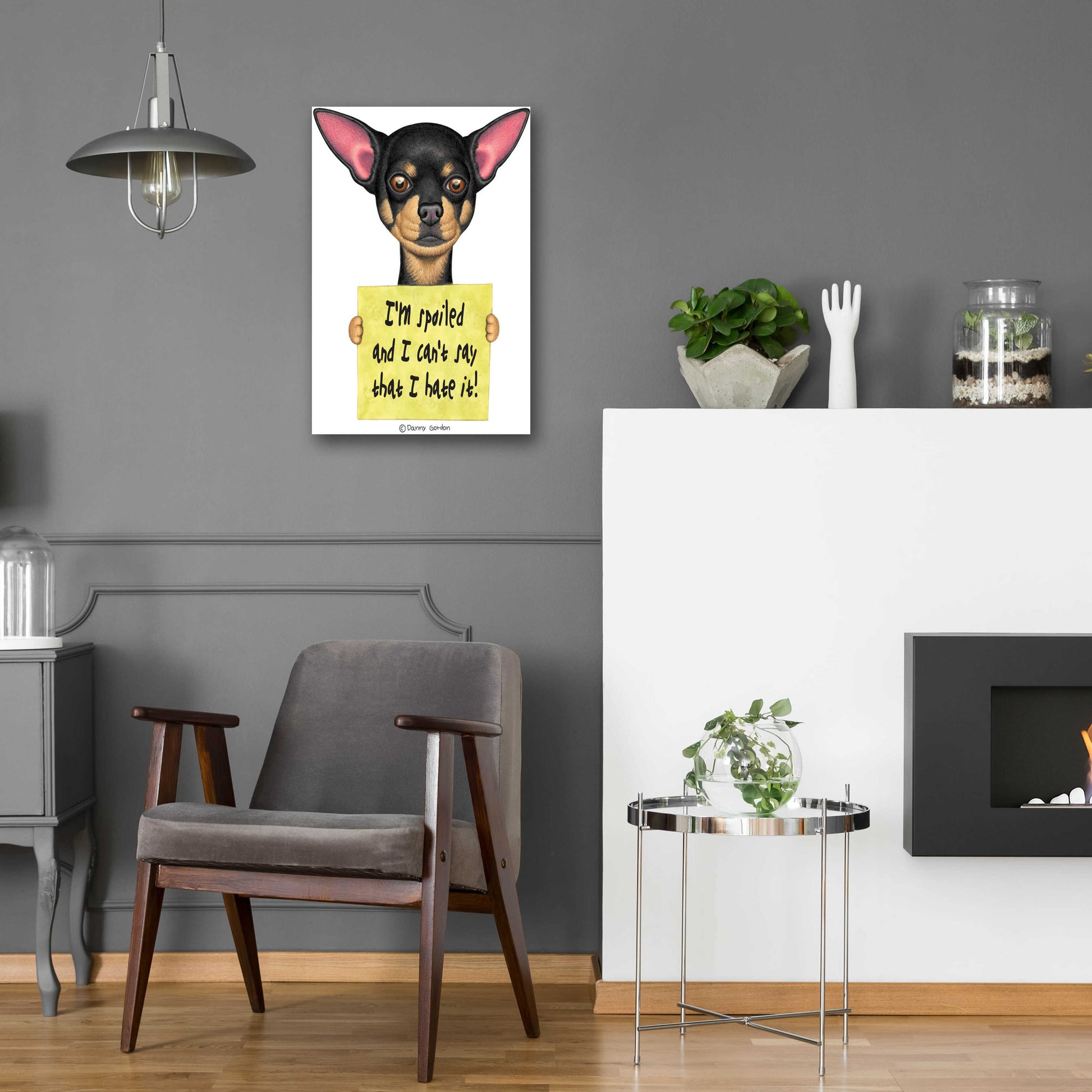 Epic Art 'Black Chihuahua Holding Sign' by Danny Gordon Art, Acrylic Glass Wall Art,16x24