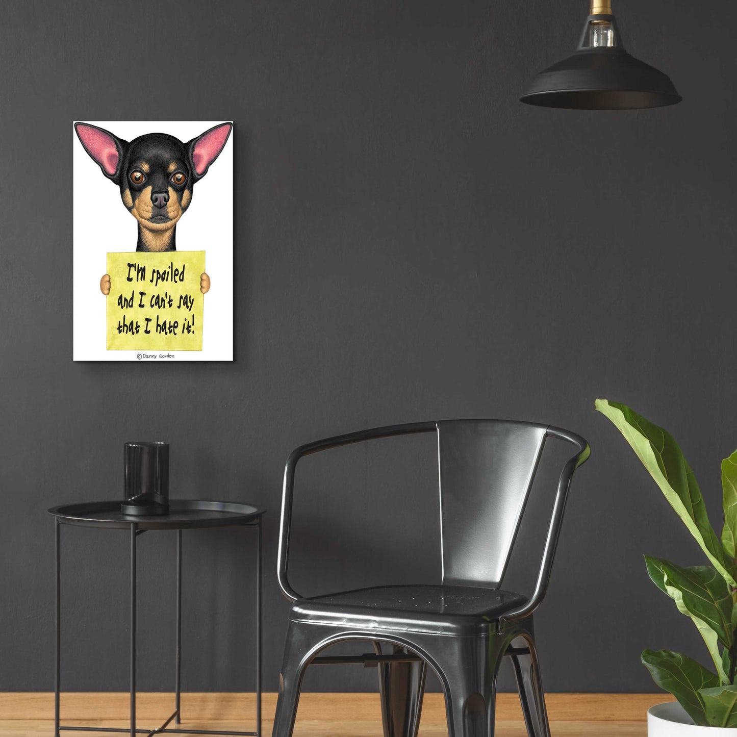 Epic Art 'Black Chihuahua Holding Sign' by Danny Gordon Art, Acrylic Glass Wall Art,16x24