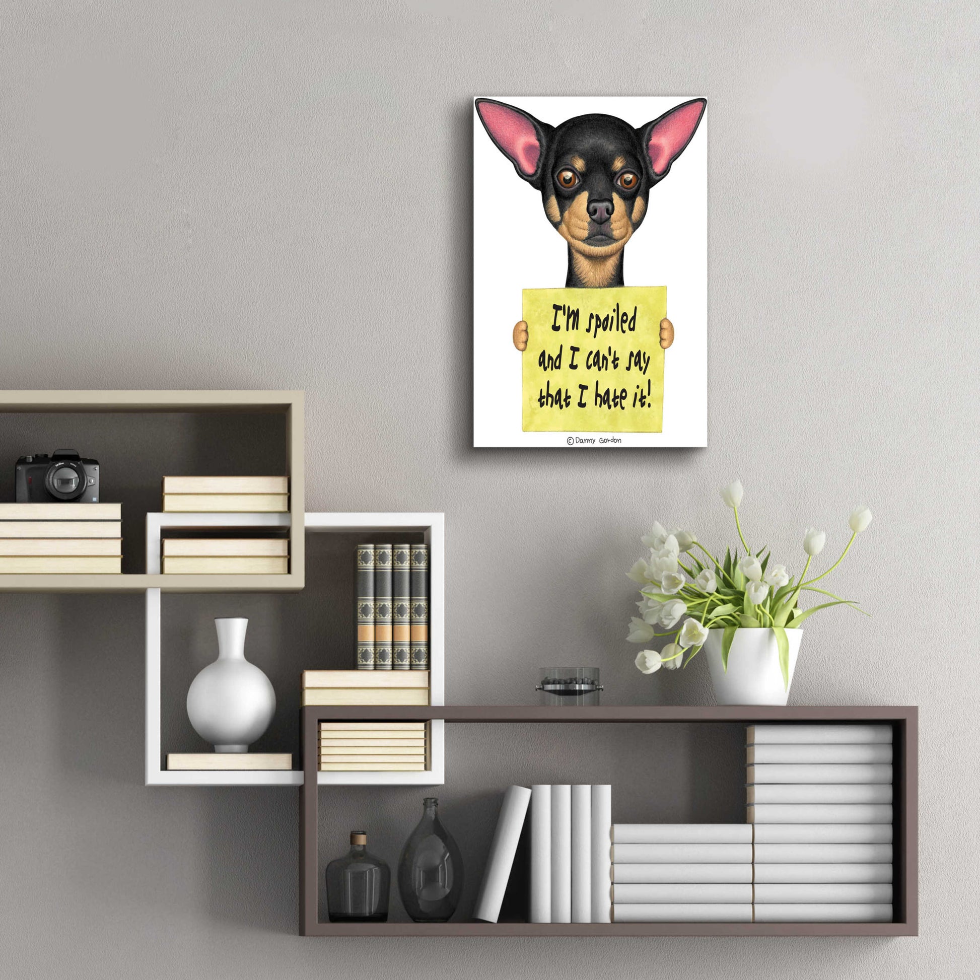 Epic Art 'Black Chihuahua Holding Sign' by Danny Gordon Art, Acrylic Glass Wall Art,16x24