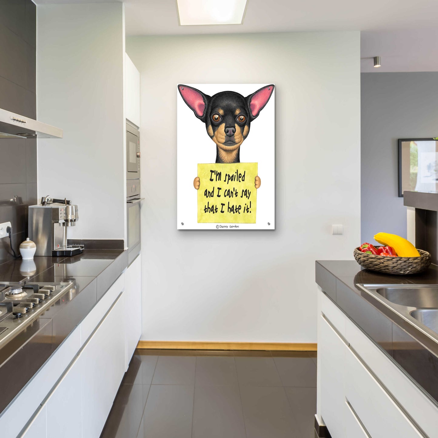 Epic Art 'Black Chihuahua Holding Sign' by Danny Gordon Art, Acrylic Glass Wall Art,24x36