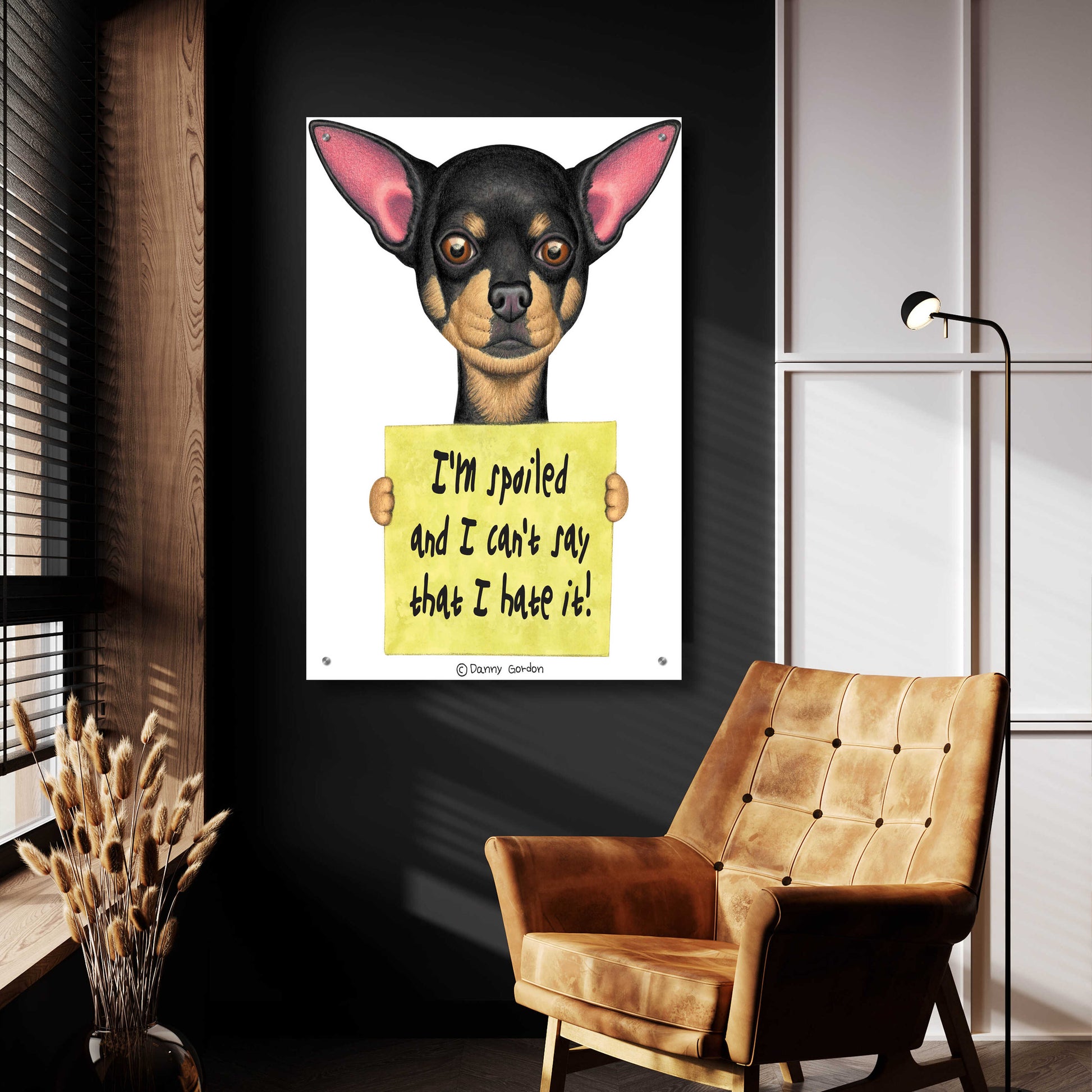 Epic Art 'Black Chihuahua Holding Sign' by Danny Gordon Art, Acrylic Glass Wall Art,24x36