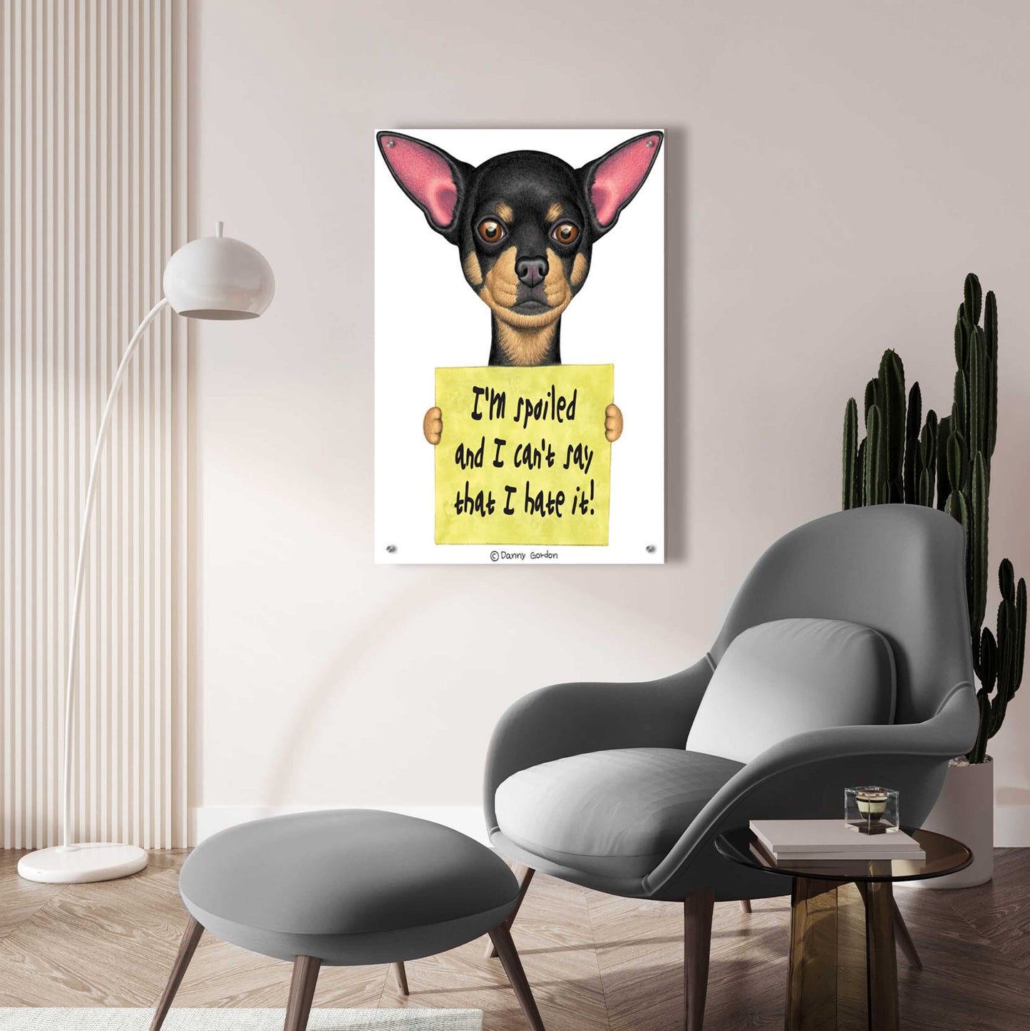 Epic Art 'Black Chihuahua Holding Sign' by Danny Gordon Art, Acrylic Glass Wall Art,24x36