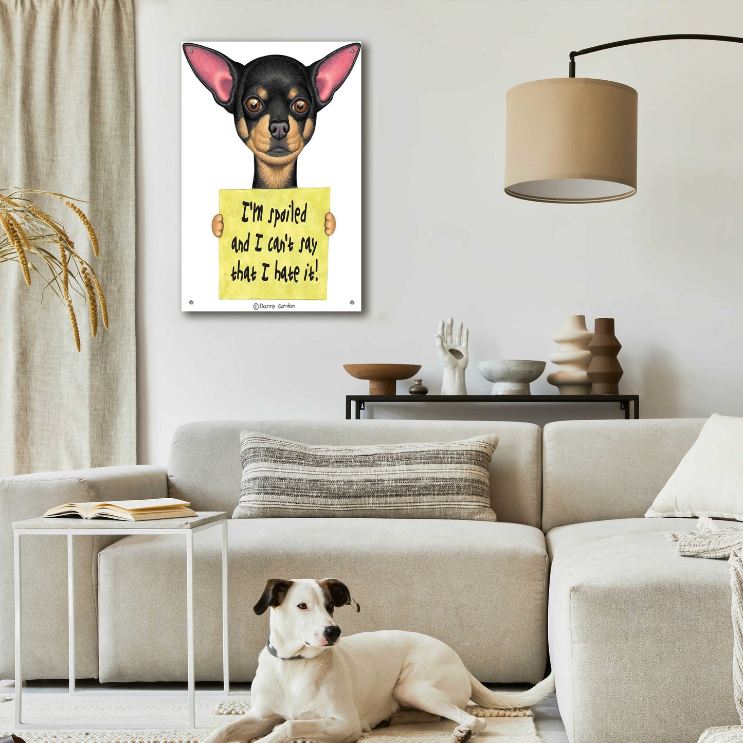 Epic Art 'Black Chihuahua Holding Sign' by Danny Gordon Art, Acrylic Glass Wall Art,24x36