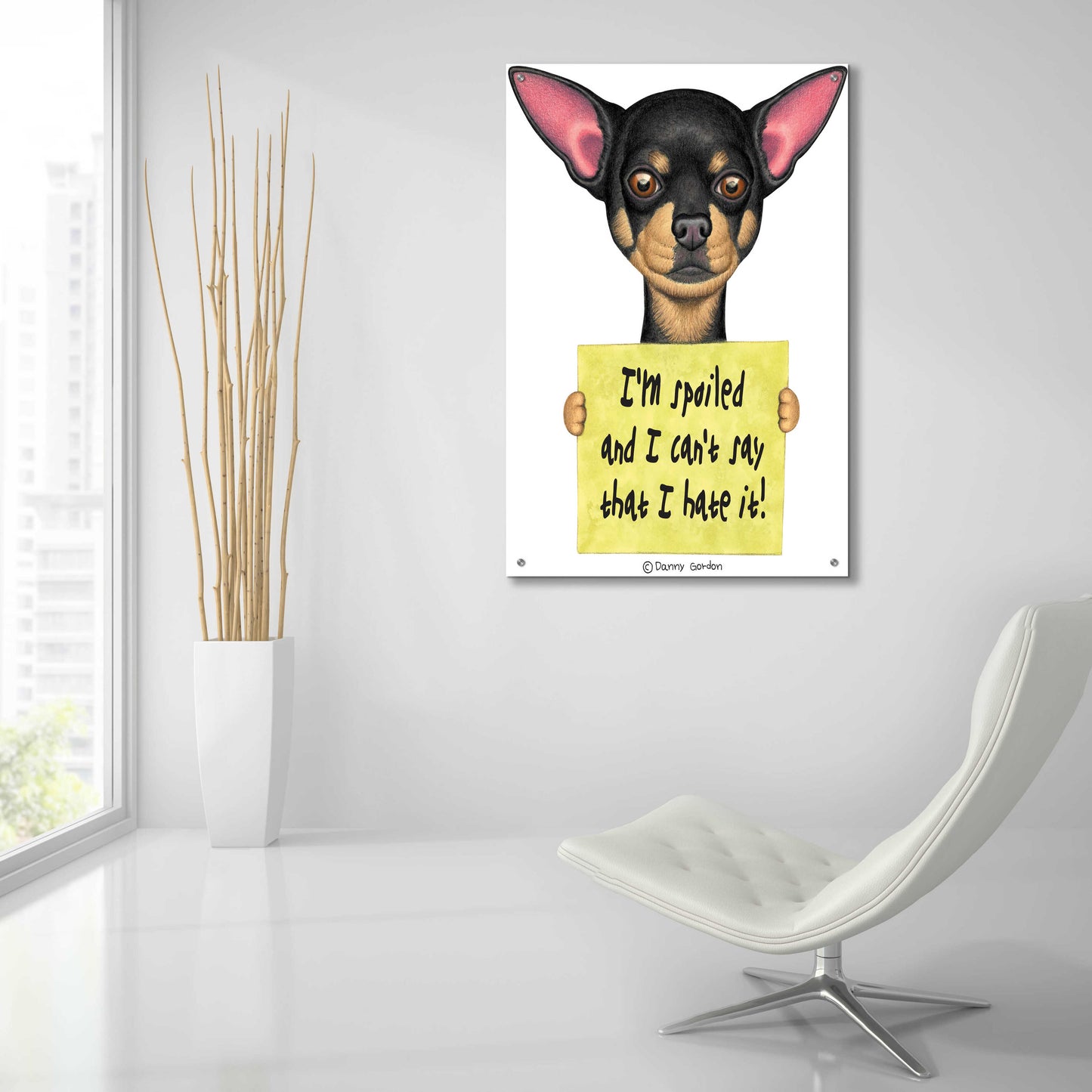 Epic Art 'Black Chihuahua Holding Sign' by Danny Gordon Art, Acrylic Glass Wall Art,24x36