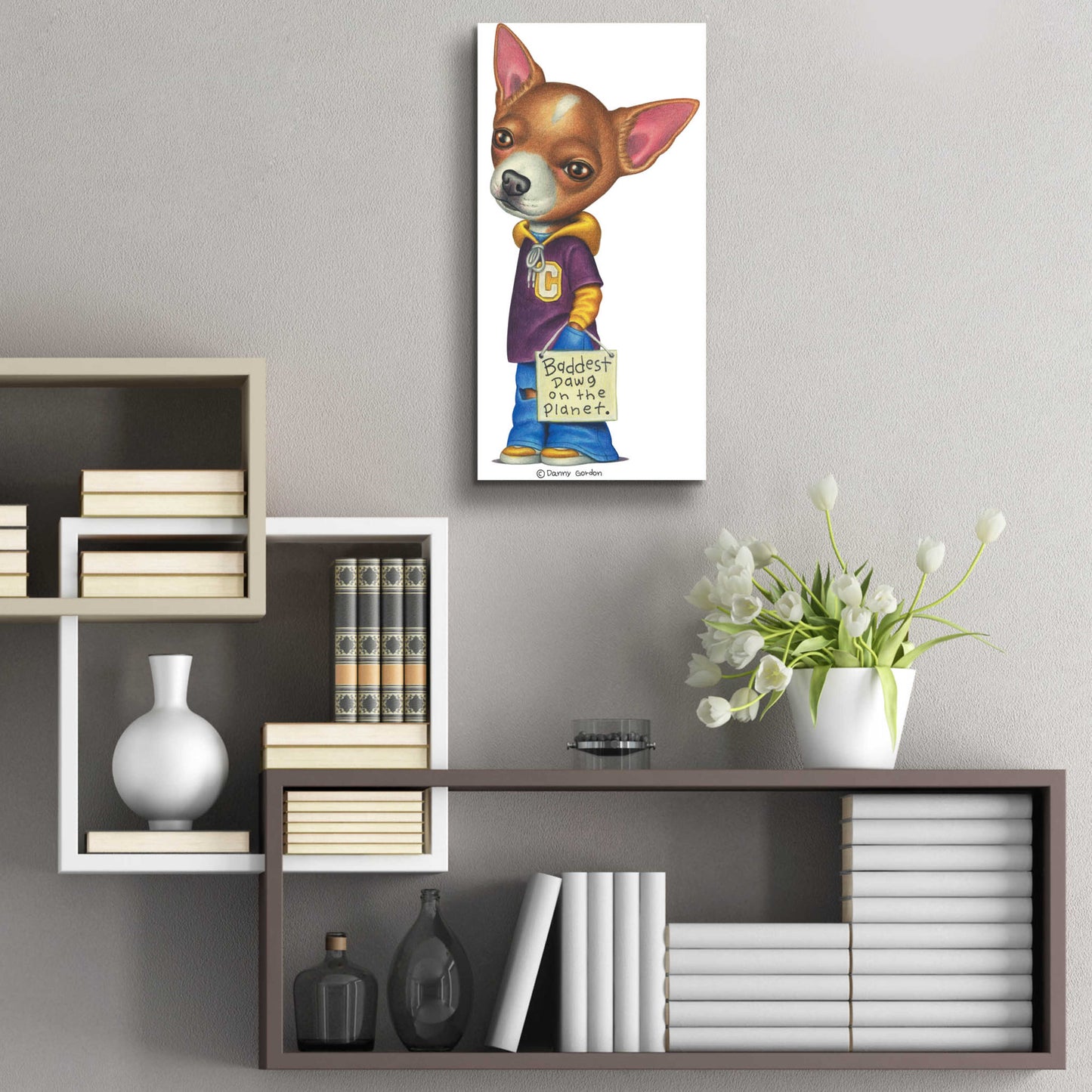 Epic Art 'Brown Chihuahua Wearing Clothes' by Danny Gordon Art, Acrylic Glass Wall Art,12x24