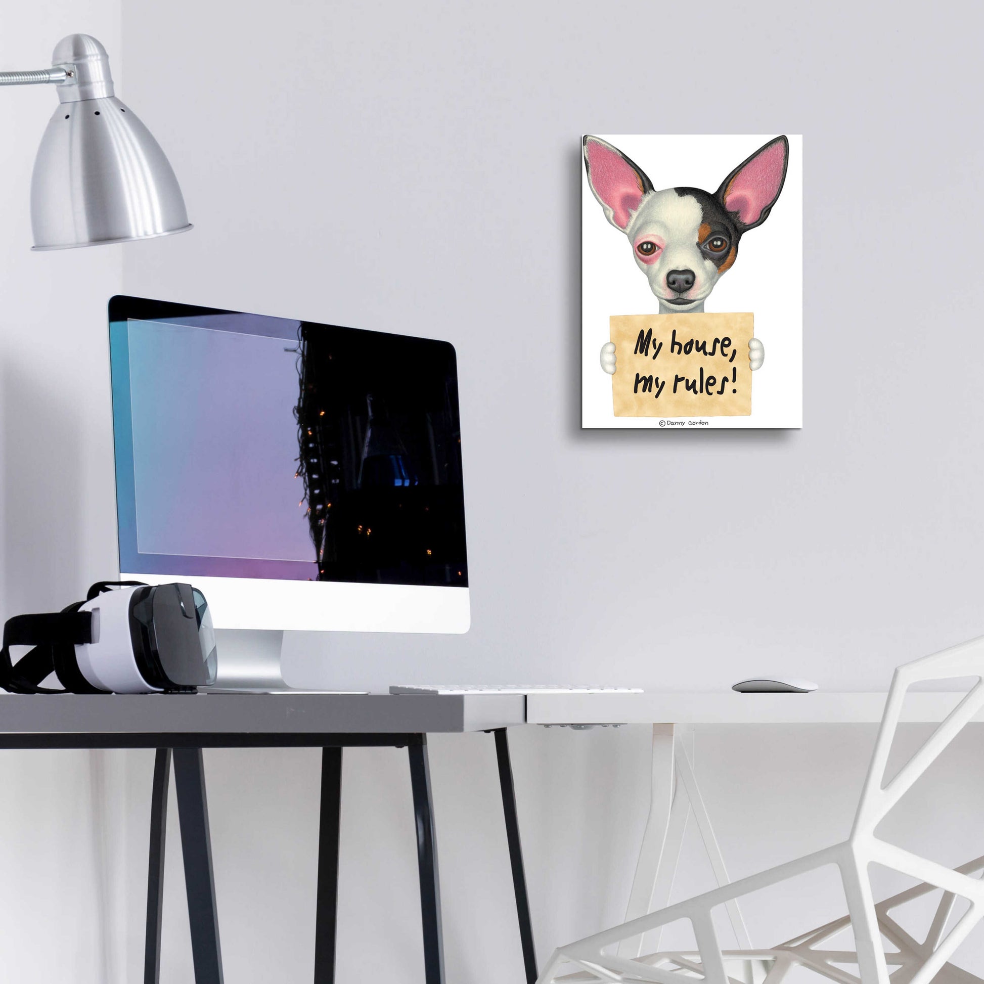 Epic Art 'Tri Color Chihuahua Holding Sign' by Danny Gordon Art, Acrylic Glass Wall Art,12x16