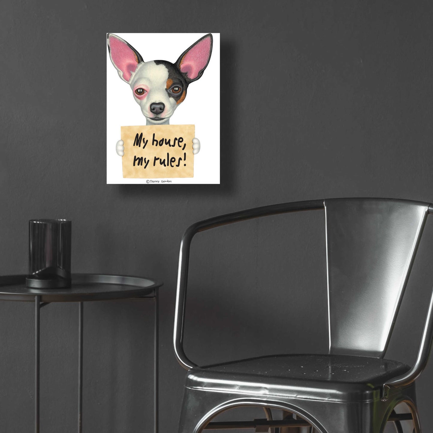 Epic Art 'Tri Color Chihuahua Holding Sign' by Danny Gordon Art, Acrylic Glass Wall Art,12x16