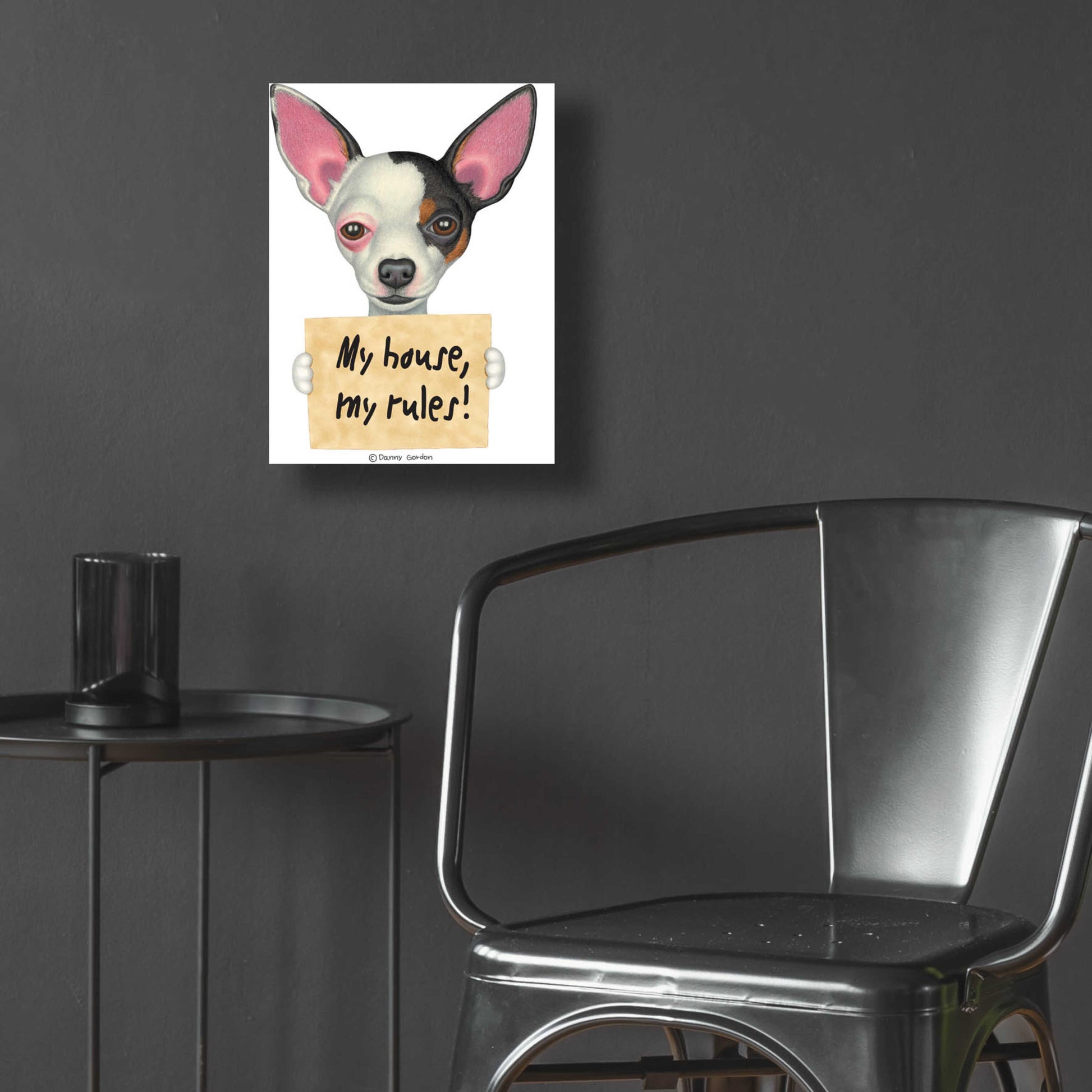 Epic Art 'Tri Color Chihuahua Holding Sign' by Danny Gordon Art, Acrylic Glass Wall Art,12x16