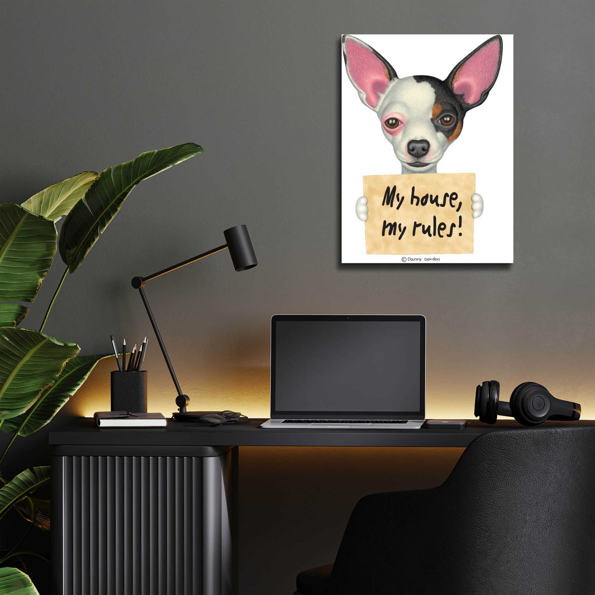 Epic Art 'Tri Color Chihuahua Holding Sign' by Danny Gordon Art, Acrylic Glass Wall Art,12x16