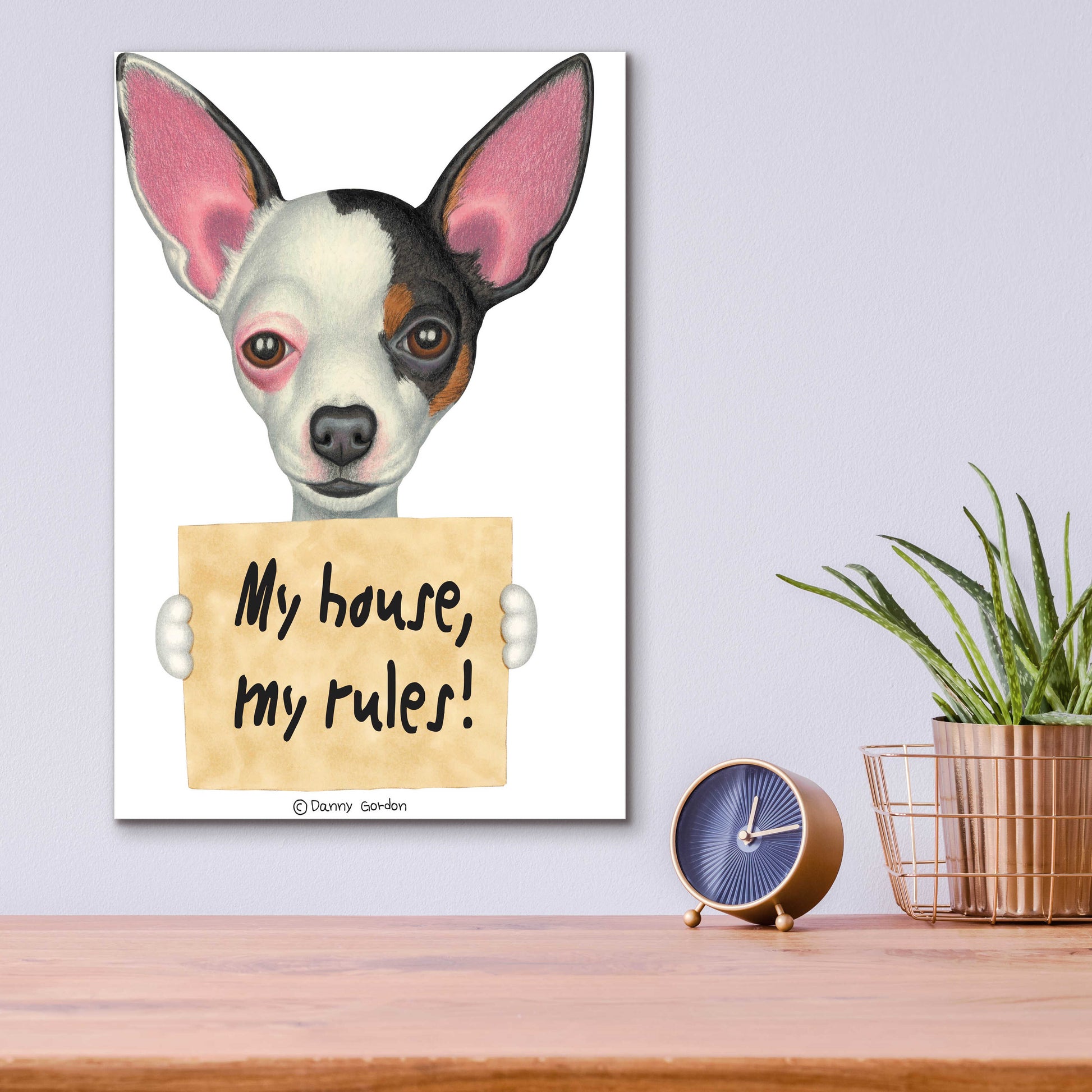 Epic Art 'Tri Color Chihuahua Holding Sign' by Danny Gordon Art, Acrylic Glass Wall Art,12x16