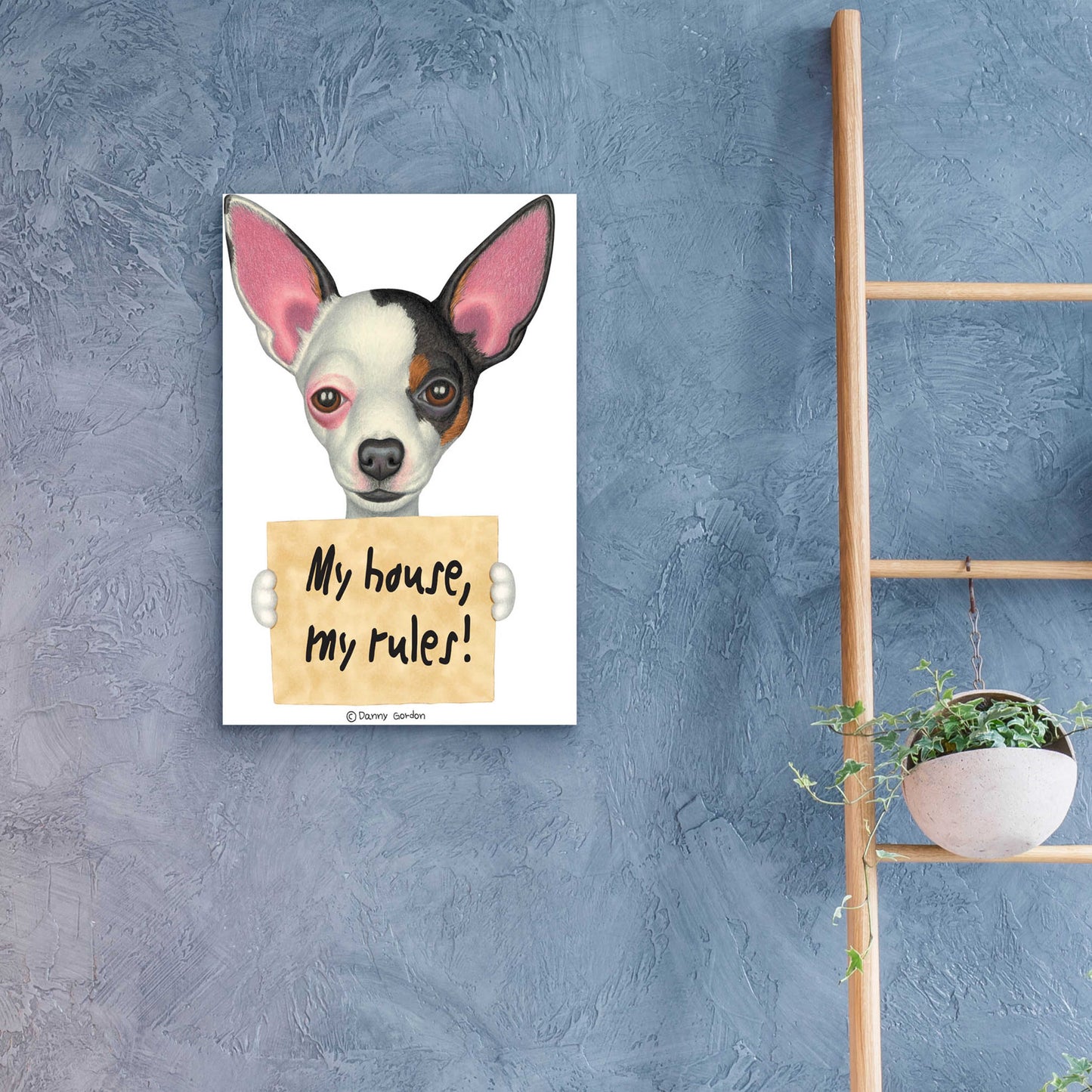 Epic Art 'Tri Color Chihuahua Holding Sign' by Danny Gordon Art, Acrylic Glass Wall Art,16x24