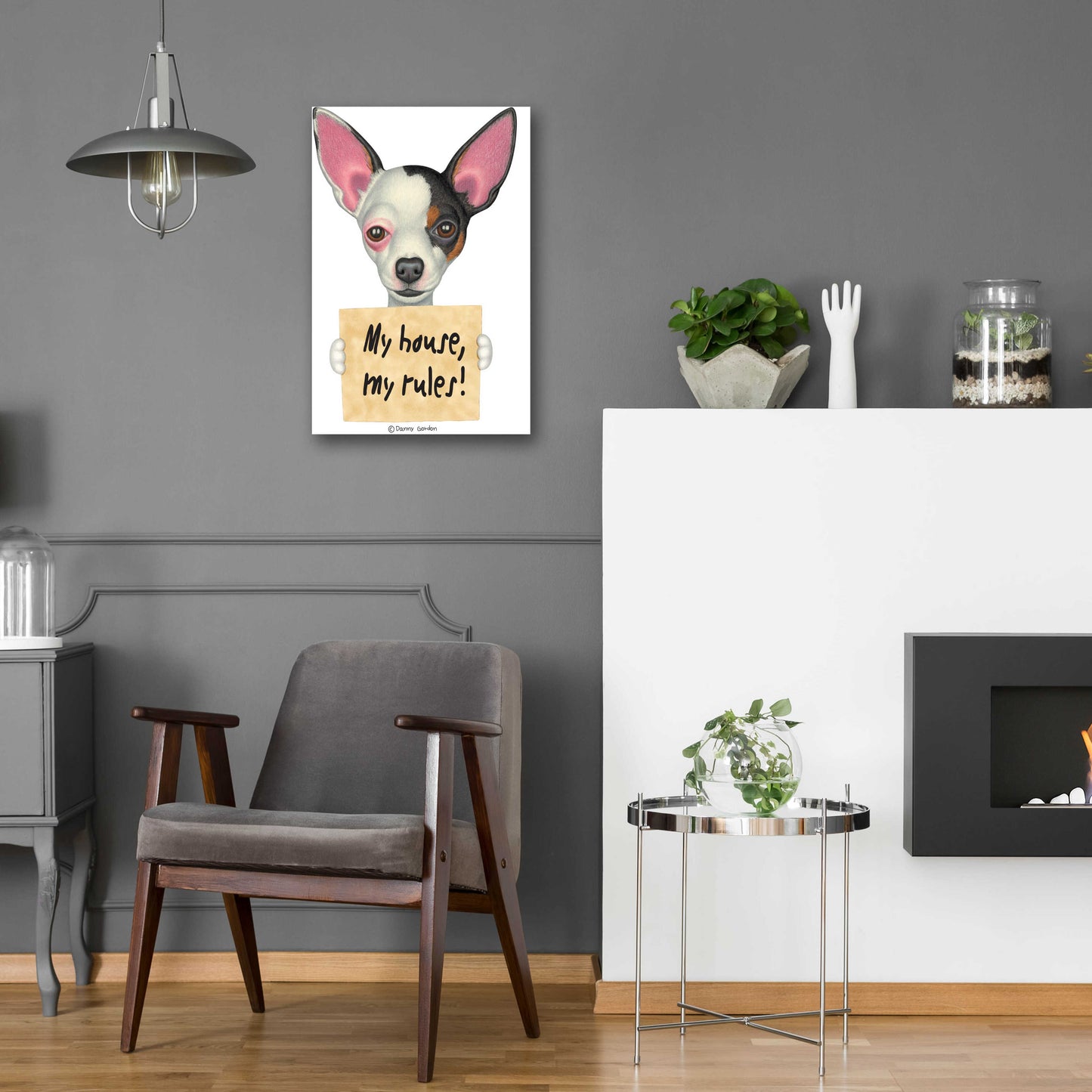 Epic Art 'Tri Color Chihuahua Holding Sign' by Danny Gordon Art, Acrylic Glass Wall Art,16x24