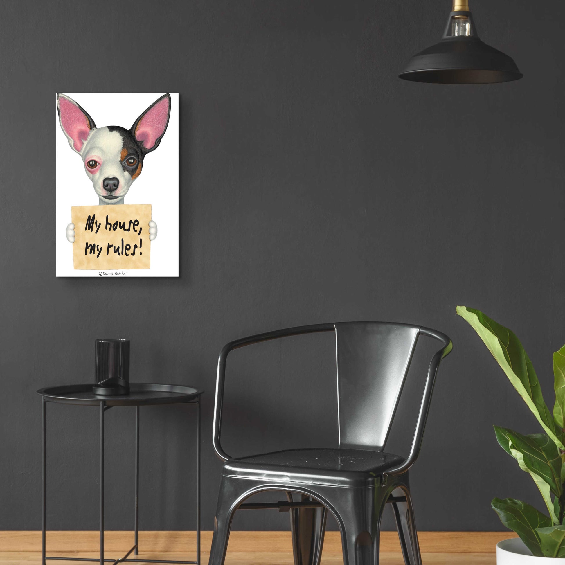 Epic Art 'Tri Color Chihuahua Holding Sign' by Danny Gordon Art, Acrylic Glass Wall Art,16x24