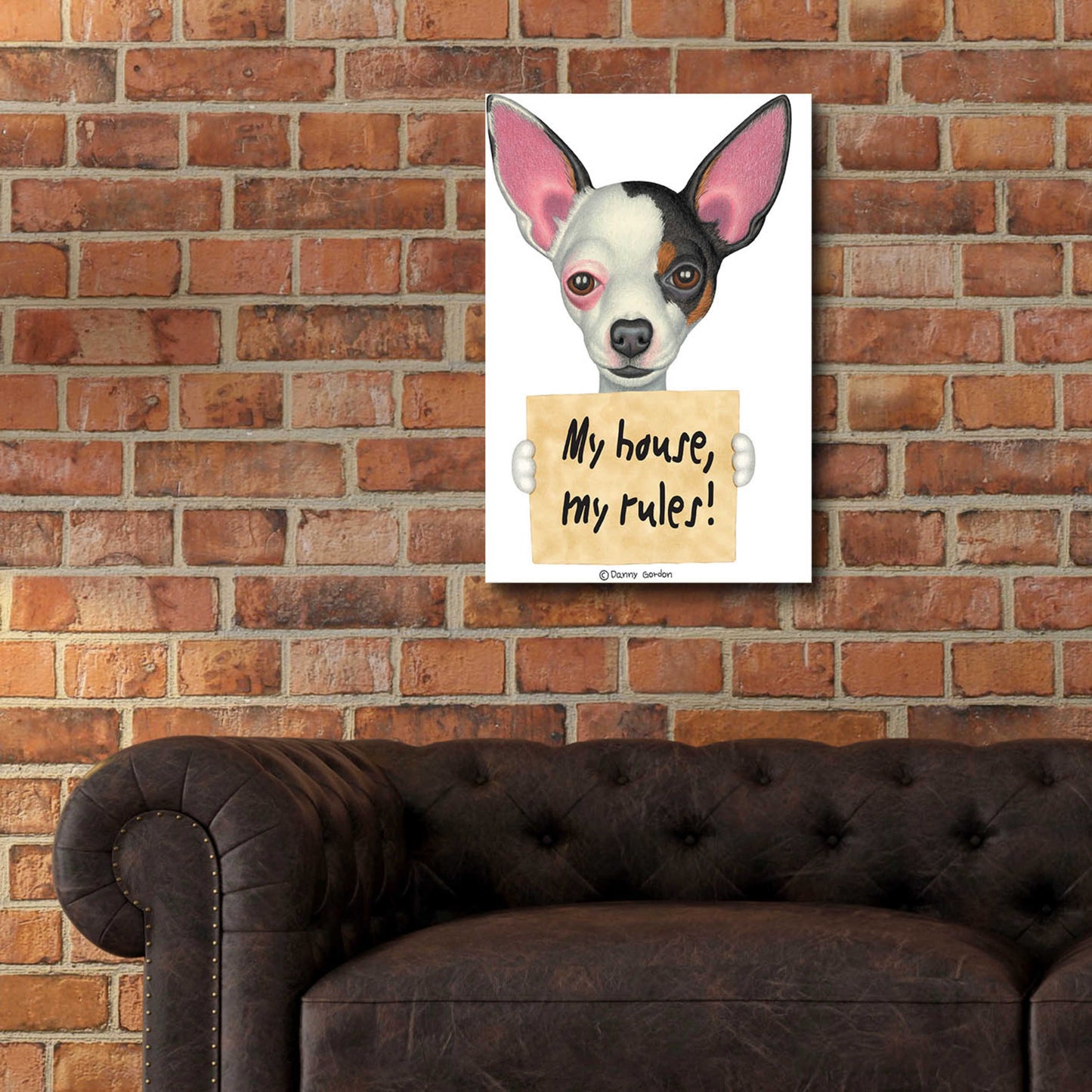 Epic Art 'Tri Color Chihuahua Holding Sign' by Danny Gordon Art, Acrylic Glass Wall Art,16x24