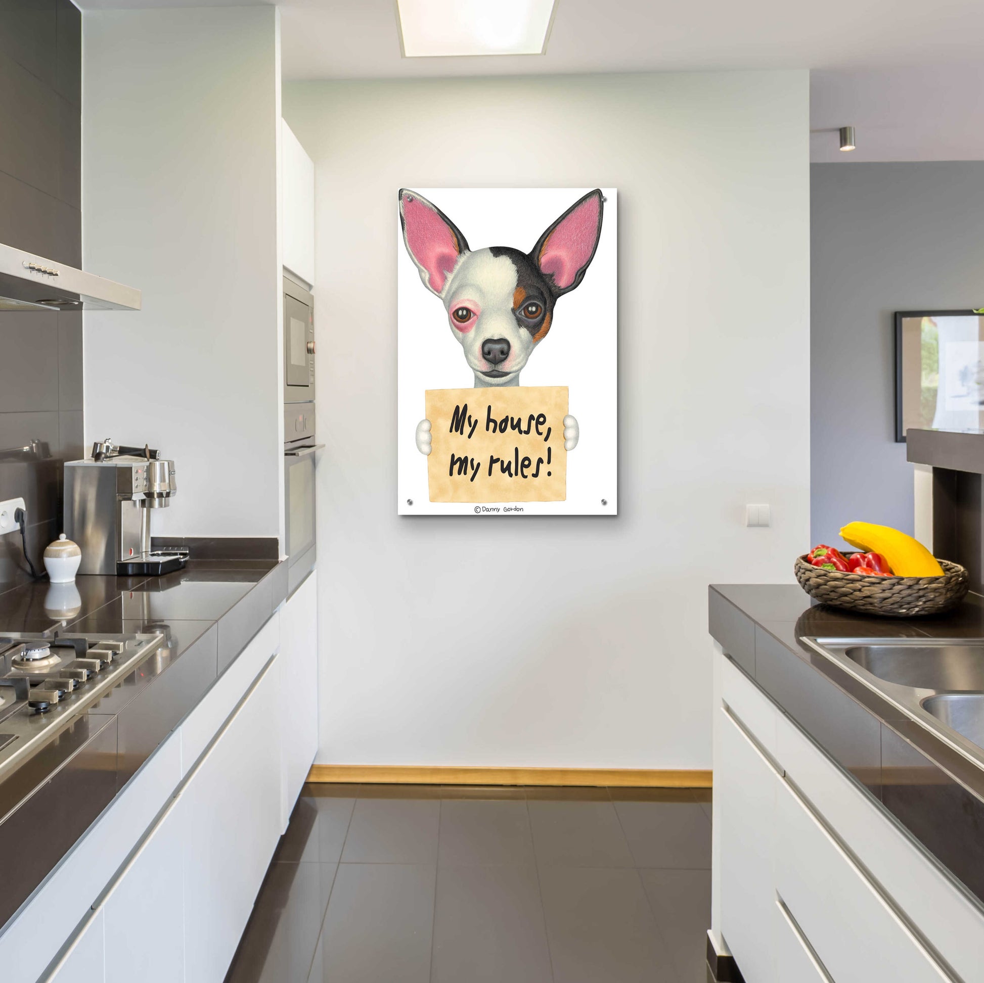 Epic Art 'Tri Color Chihuahua Holding Sign' by Danny Gordon Art, Acrylic Glass Wall Art,24x36