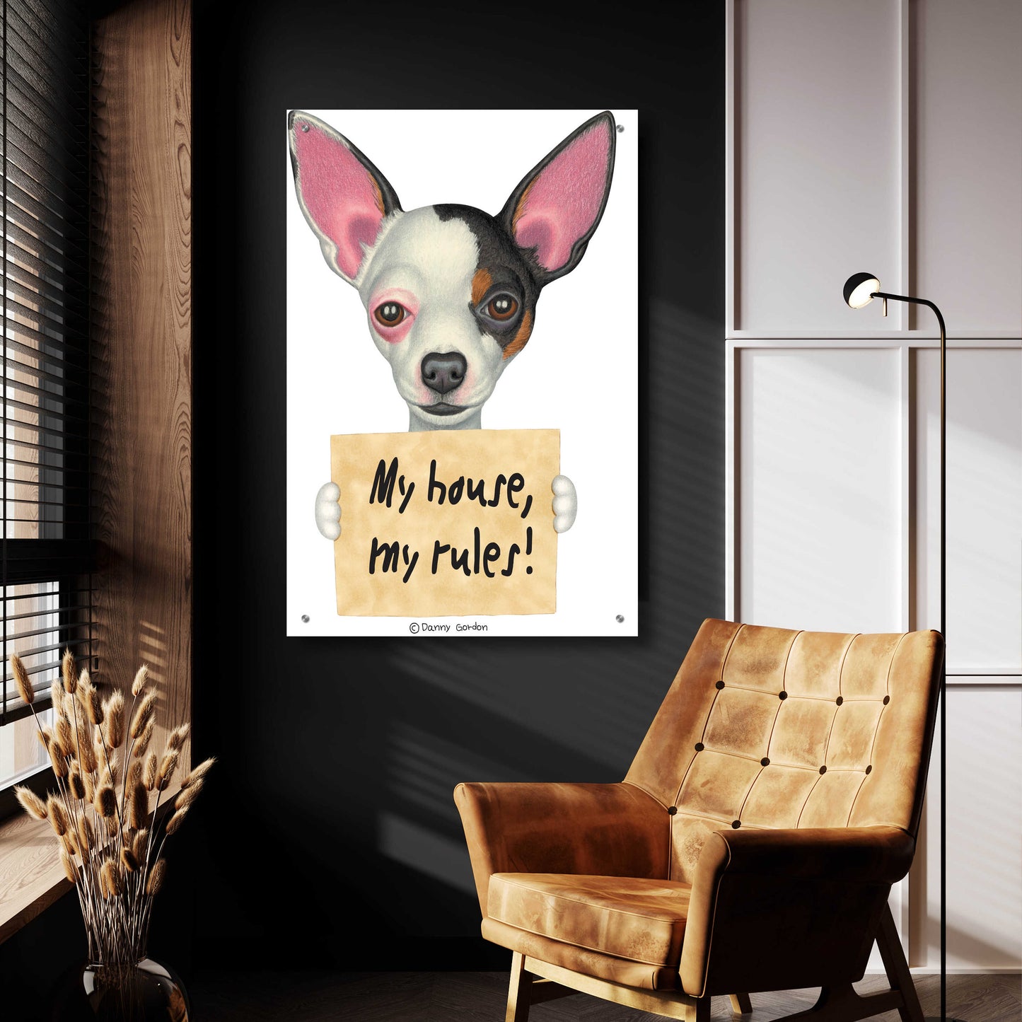 Epic Art 'Tri Color Chihuahua Holding Sign' by Danny Gordon Art, Acrylic Glass Wall Art,24x36