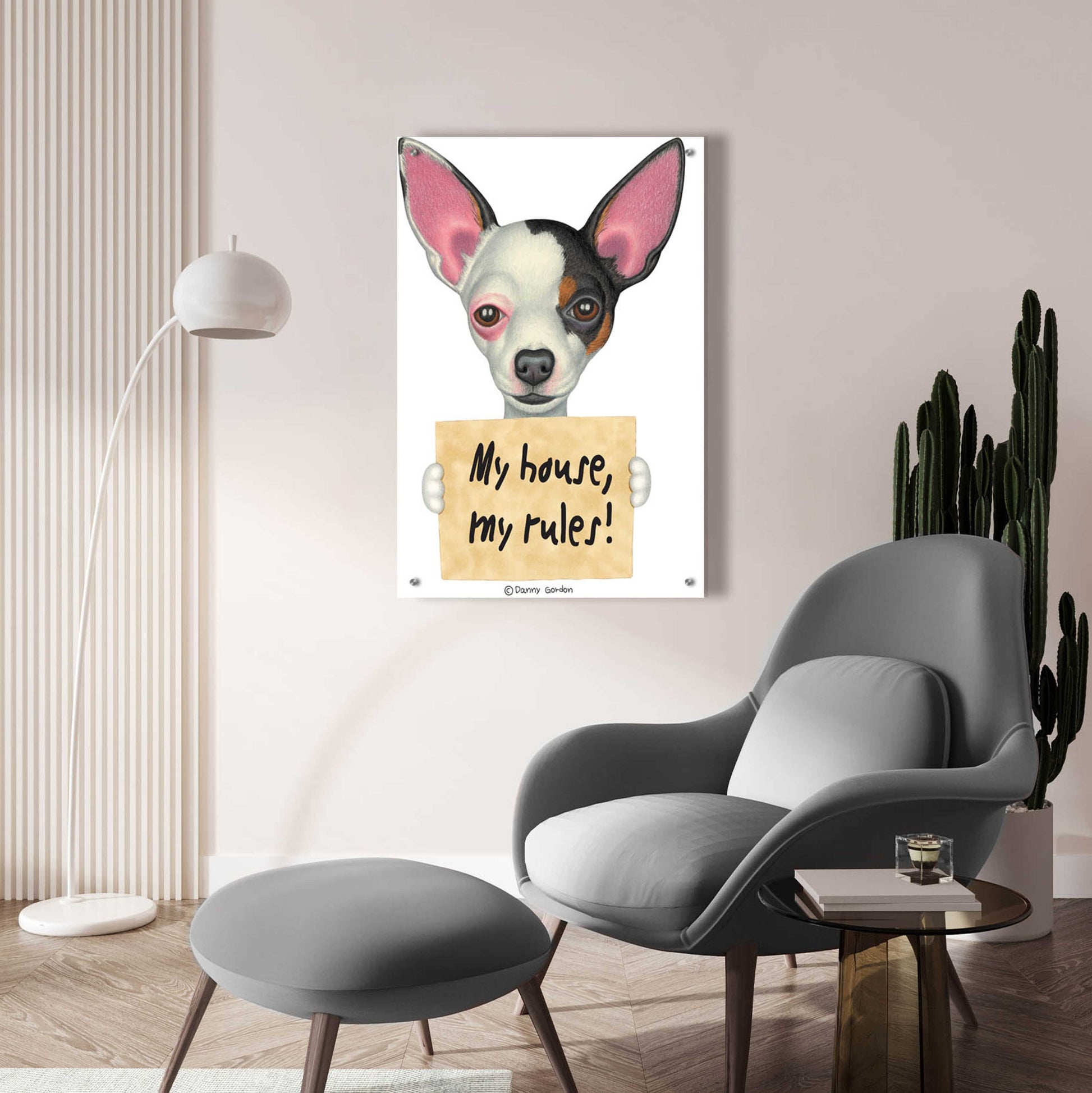 Epic Art 'Tri Color Chihuahua Holding Sign' by Danny Gordon Art, Acrylic Glass Wall Art,24x36