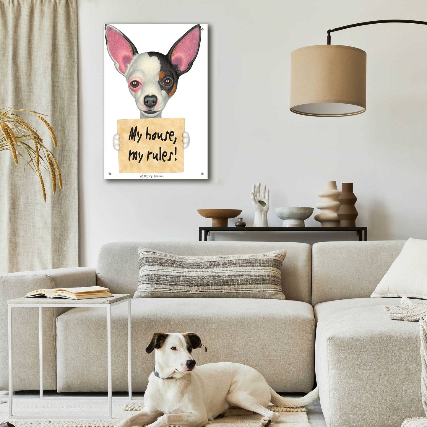 Epic Art 'Tri Color Chihuahua Holding Sign' by Danny Gordon Art, Acrylic Glass Wall Art,24x36