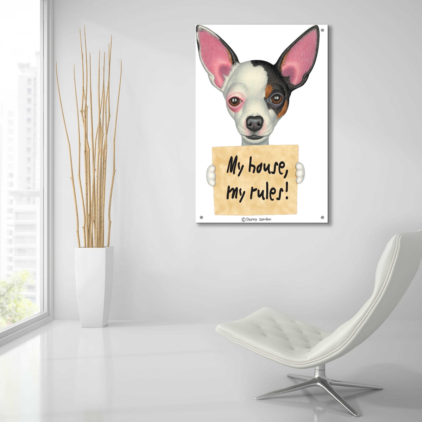 Epic Art 'Tri Color Chihuahua Holding Sign' by Danny Gordon Art, Acrylic Glass Wall Art,24x36