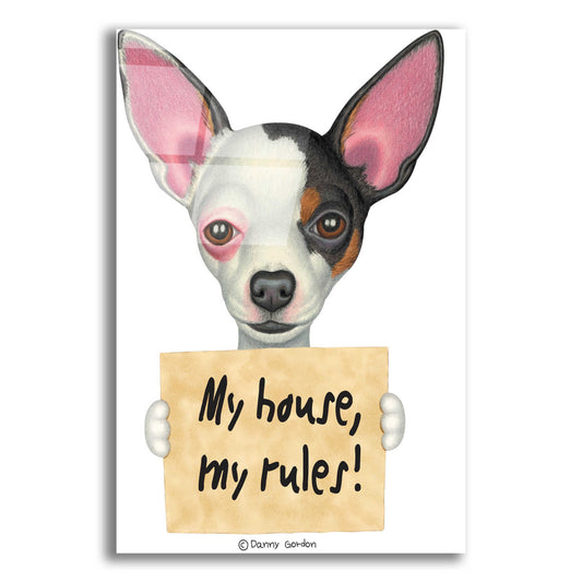 Epic Art 'Tri Color Chihuahua Holding Sign' by Danny Gordon Art, Acrylic Glass Wall Art