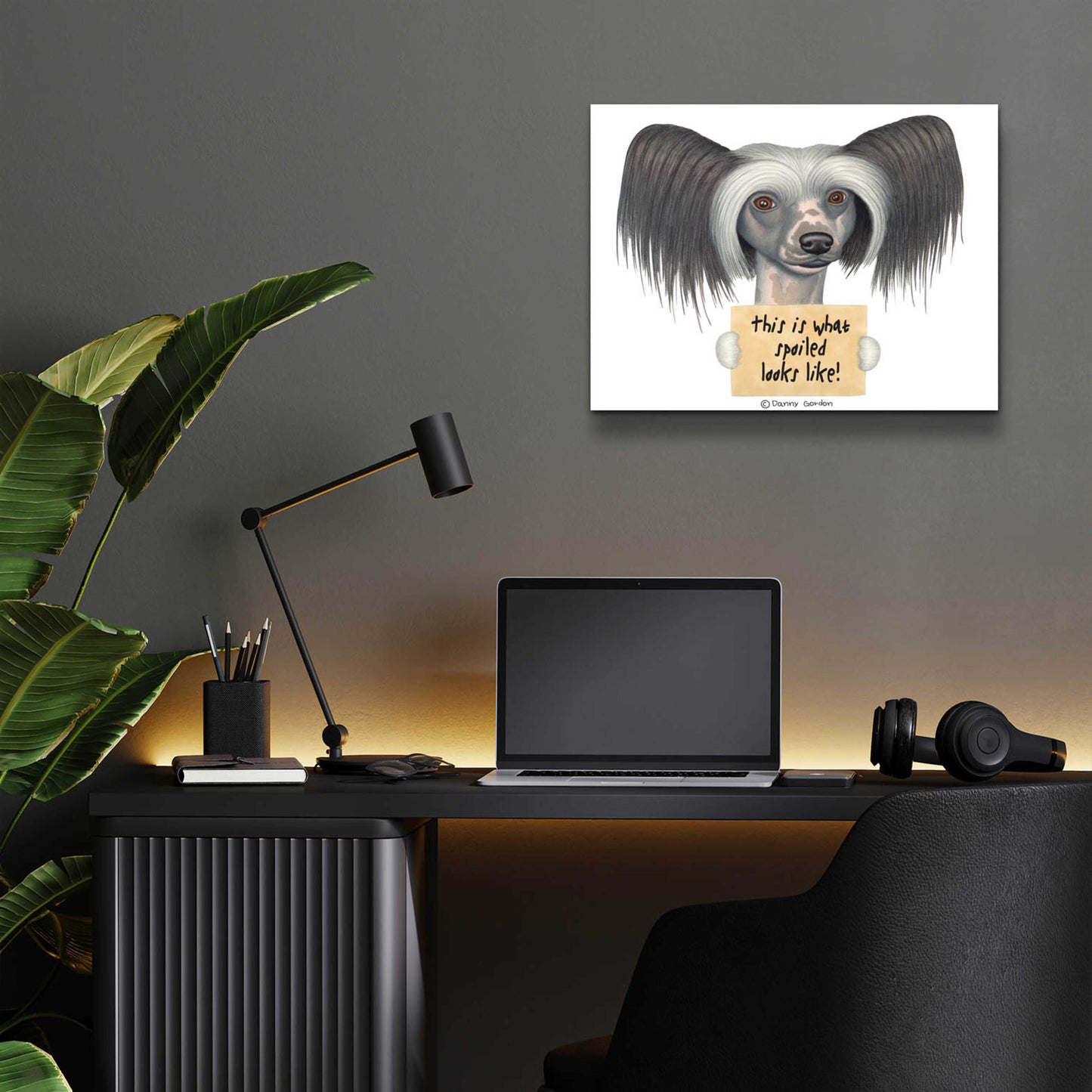 Epic Art 'Tri Color Chinese Crested with Sign' by Danny Gordon Art, Acrylic Glass Wall Art,16x12