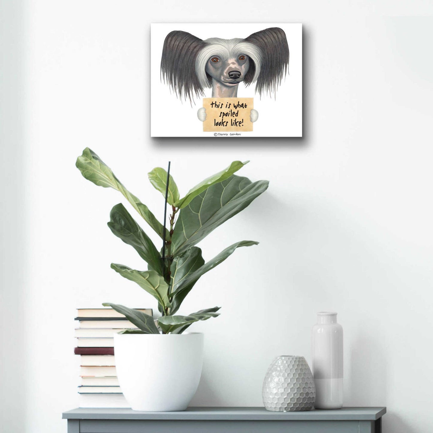 Epic Art 'Tri Color Chinese Crested with Sign' by Danny Gordon Art, Acrylic Glass Wall Art,16x12