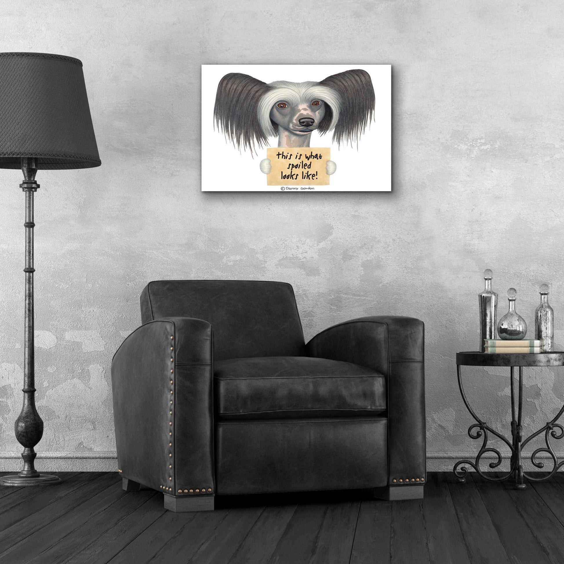 Epic Art 'Tri Color Chinese Crested with Sign' by Danny Gordon Art, Acrylic Glass Wall Art,24x16