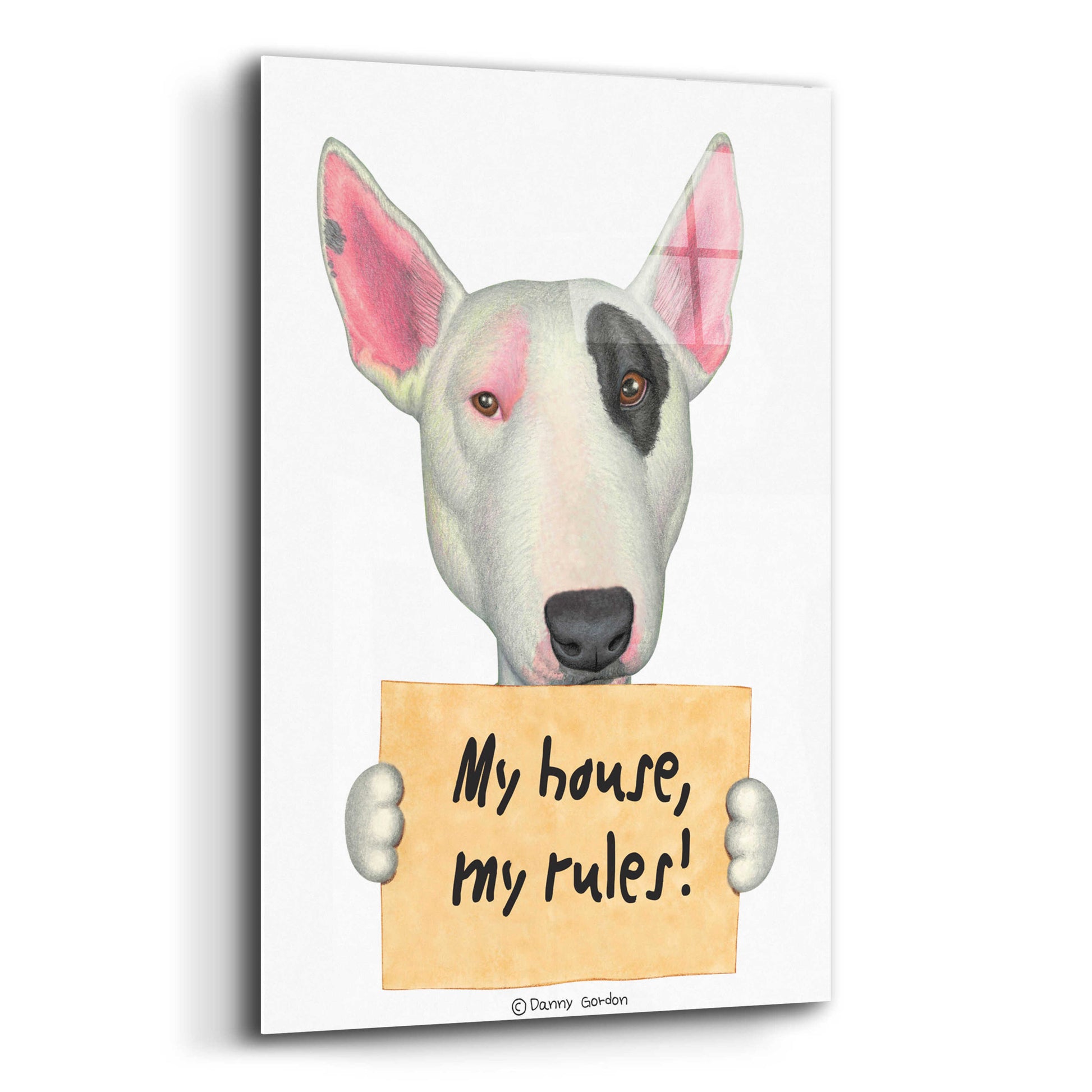 Epic Art 'White Bull Terrier with Sign' by Danny Gordon Art, Acrylic Glass Wall Art,12x16