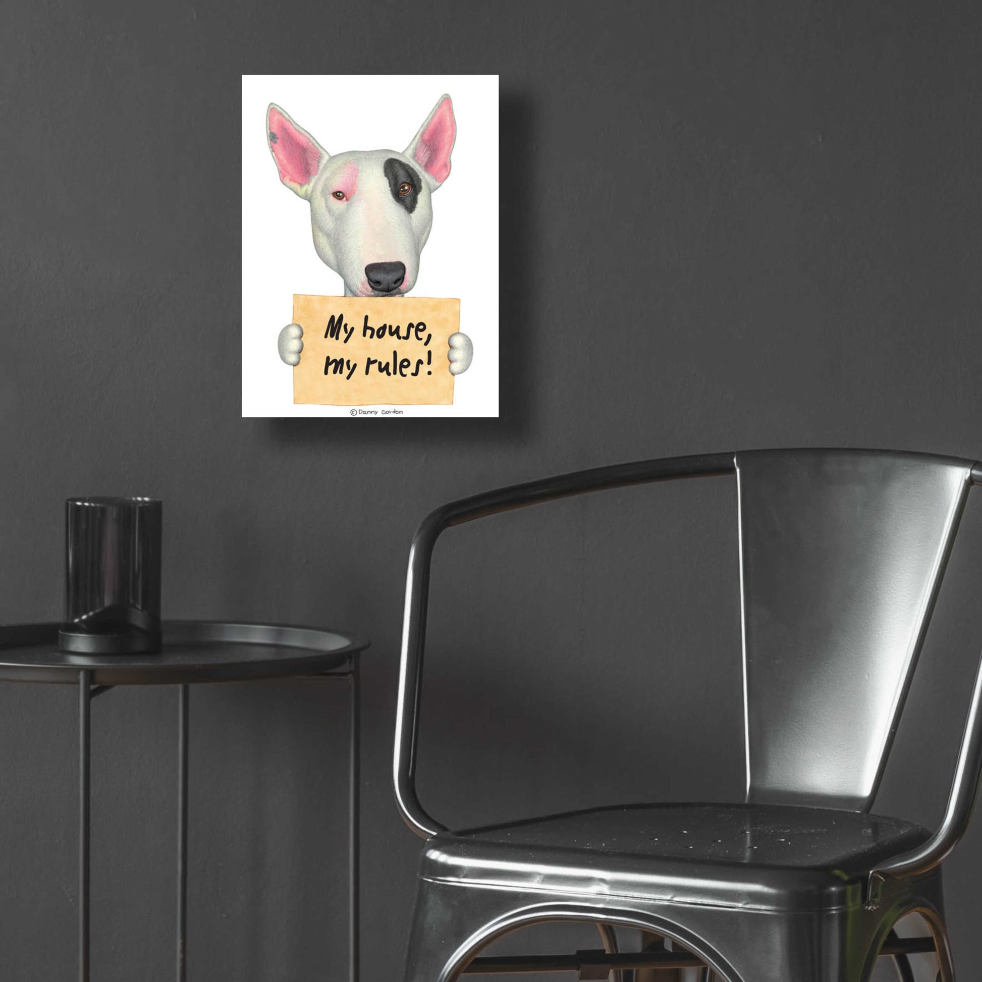 Epic Art 'White Bull Terrier with Sign' by Danny Gordon Art, Acrylic Glass Wall Art,12x16