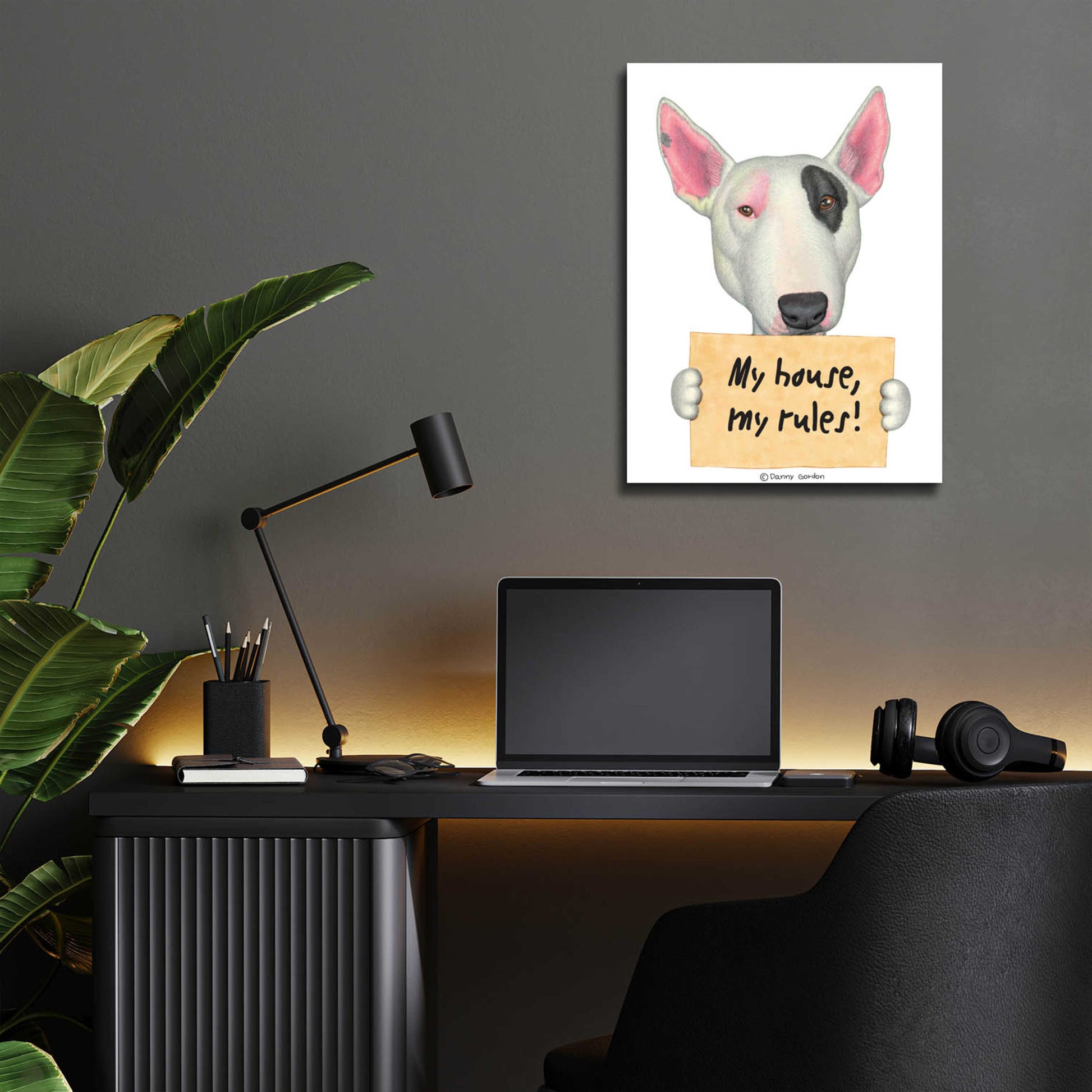 Epic Art 'White Bull Terrier with Sign' by Danny Gordon Art, Acrylic Glass Wall Art,12x16