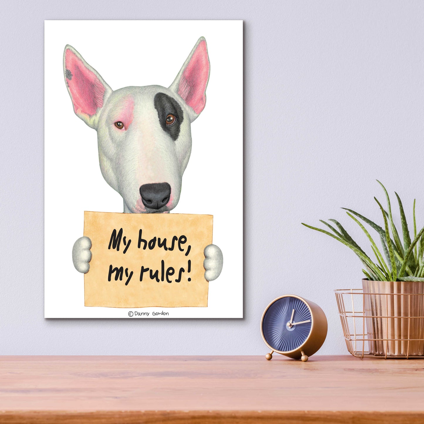 Epic Art 'White Bull Terrier with Sign' by Danny Gordon Art, Acrylic Glass Wall Art,12x16