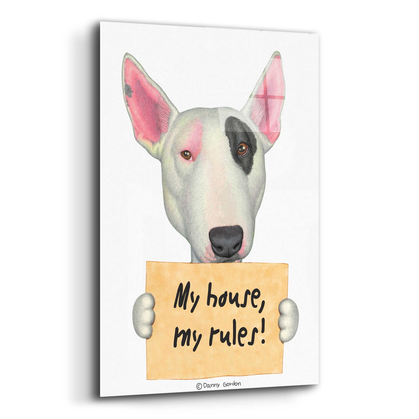 Epic Art 'White Bull Terrier with Sign' by Danny Gordon Art, Acrylic Glass Wall Art,16x24