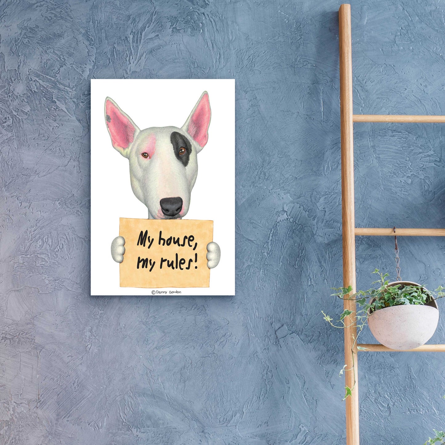 Epic Art 'White Bull Terrier with Sign' by Danny Gordon Art, Acrylic Glass Wall Art,16x24