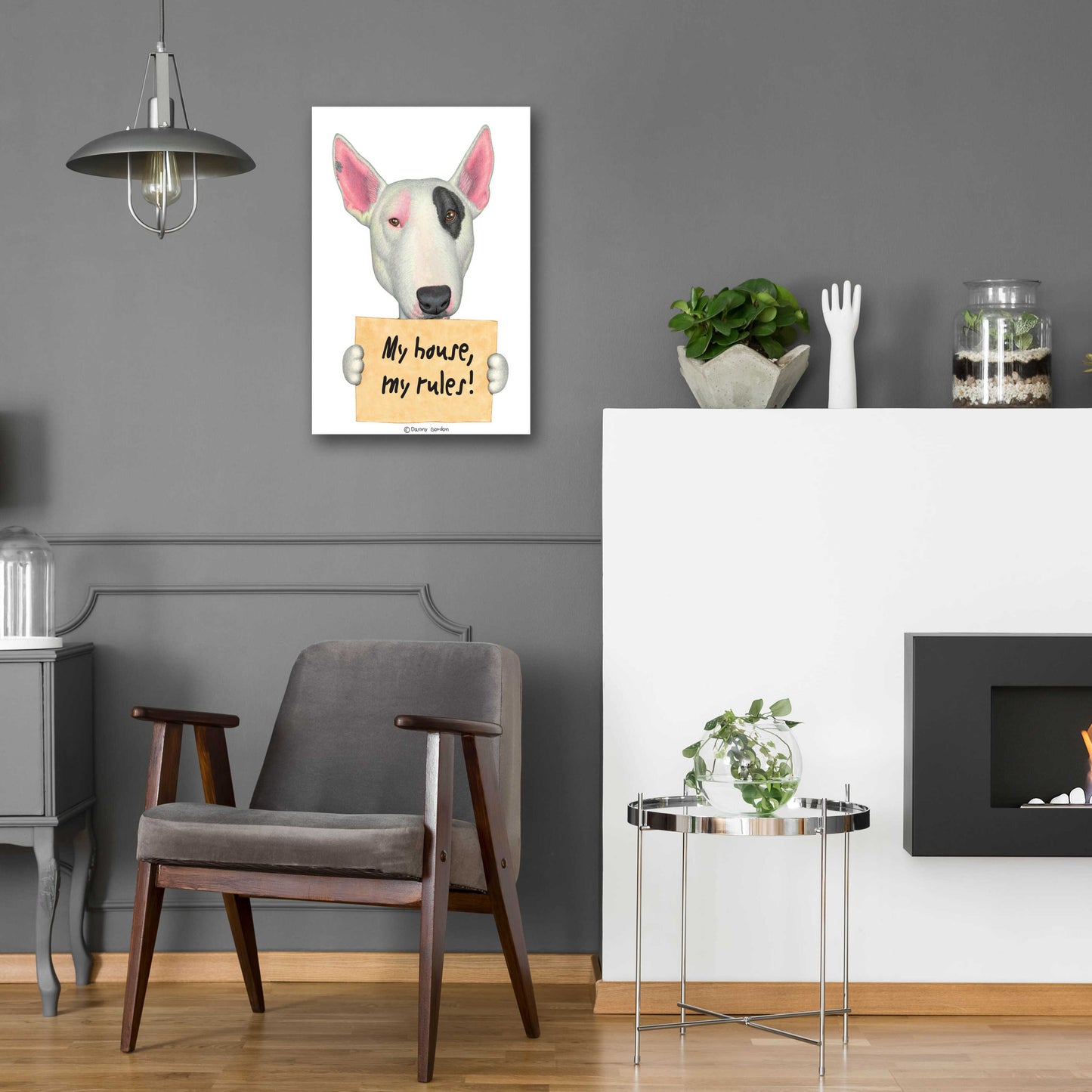 Epic Art 'White Bull Terrier with Sign' by Danny Gordon Art, Acrylic Glass Wall Art,16x24