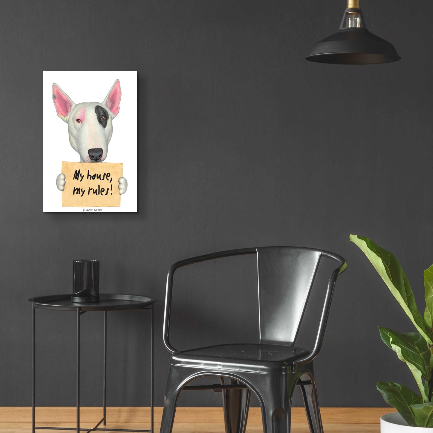 Epic Art 'White Bull Terrier with Sign' by Danny Gordon Art, Acrylic Glass Wall Art,16x24