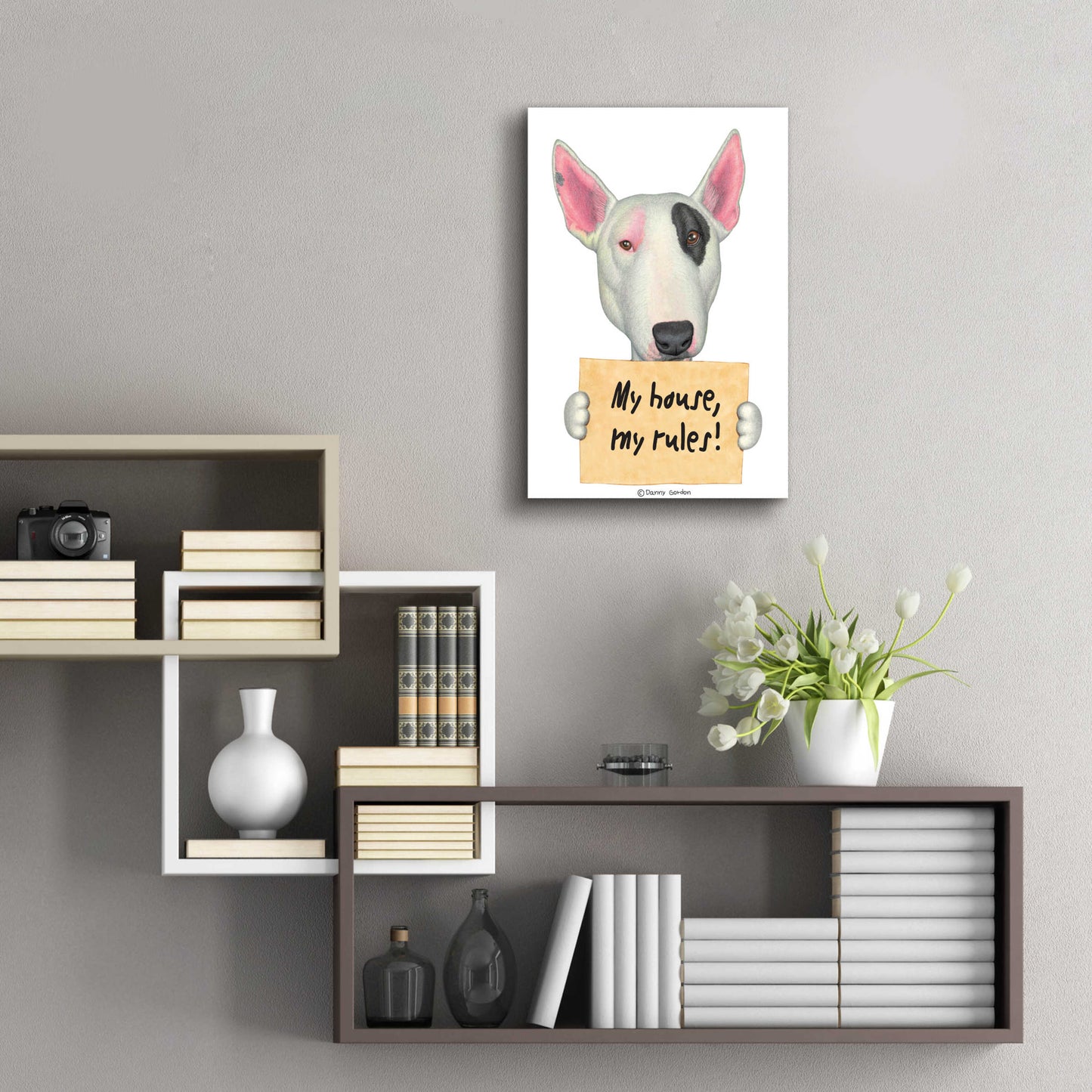 Epic Art 'White Bull Terrier with Sign' by Danny Gordon Art, Acrylic Glass Wall Art,16x24