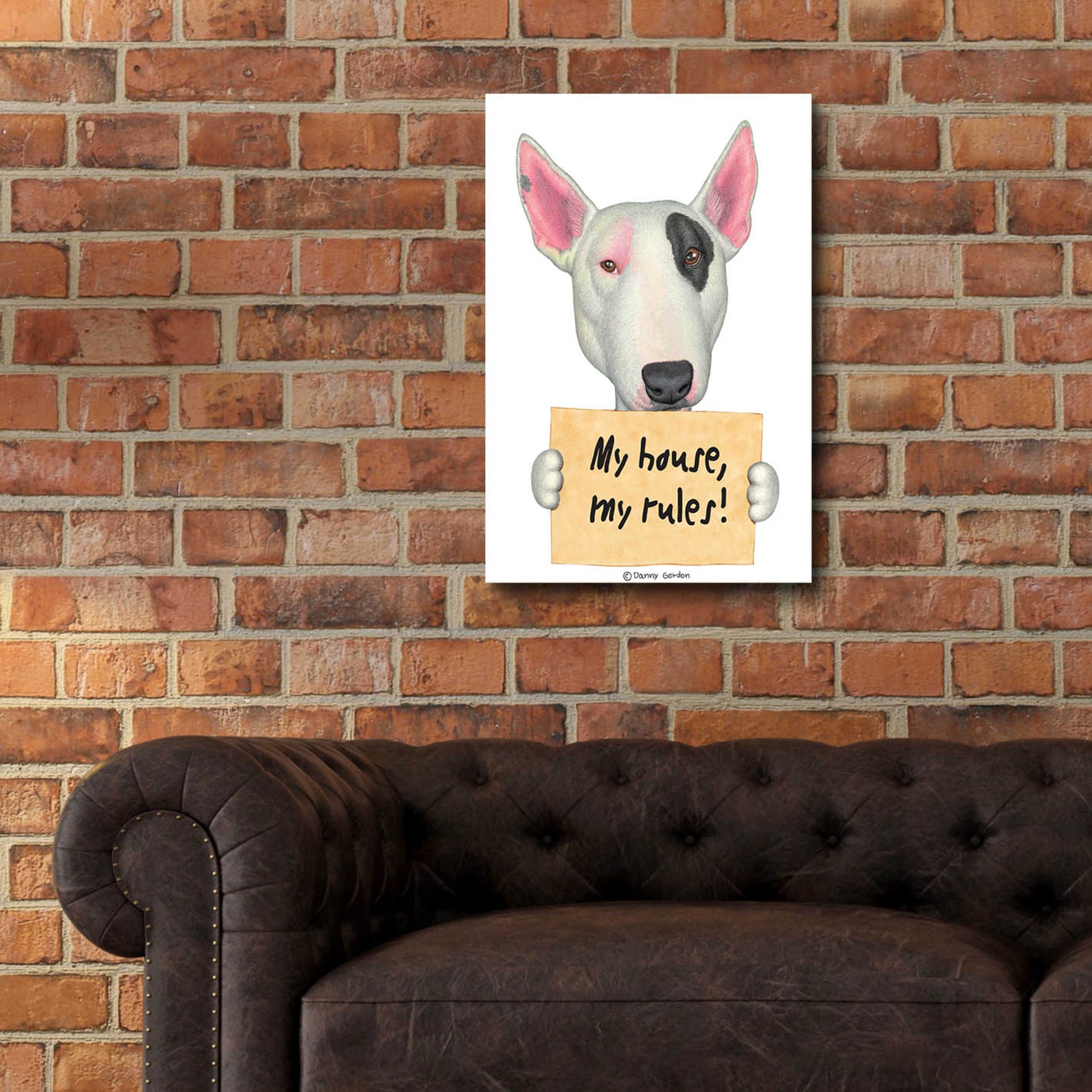 Epic Art 'White Bull Terrier with Sign' by Danny Gordon Art, Acrylic Glass Wall Art,16x24