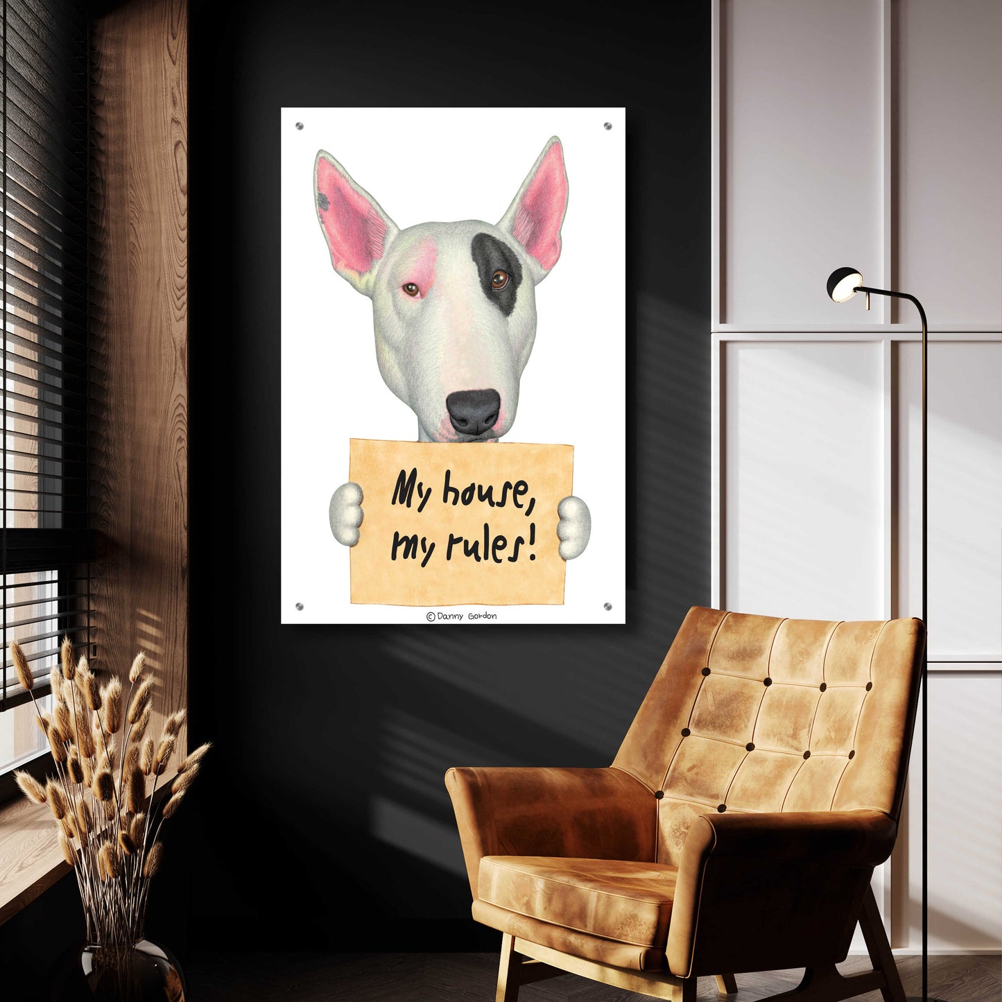 Epic Art 'White Bull Terrier with Sign' by Danny Gordon Art, Acrylic Glass Wall Art,24x36