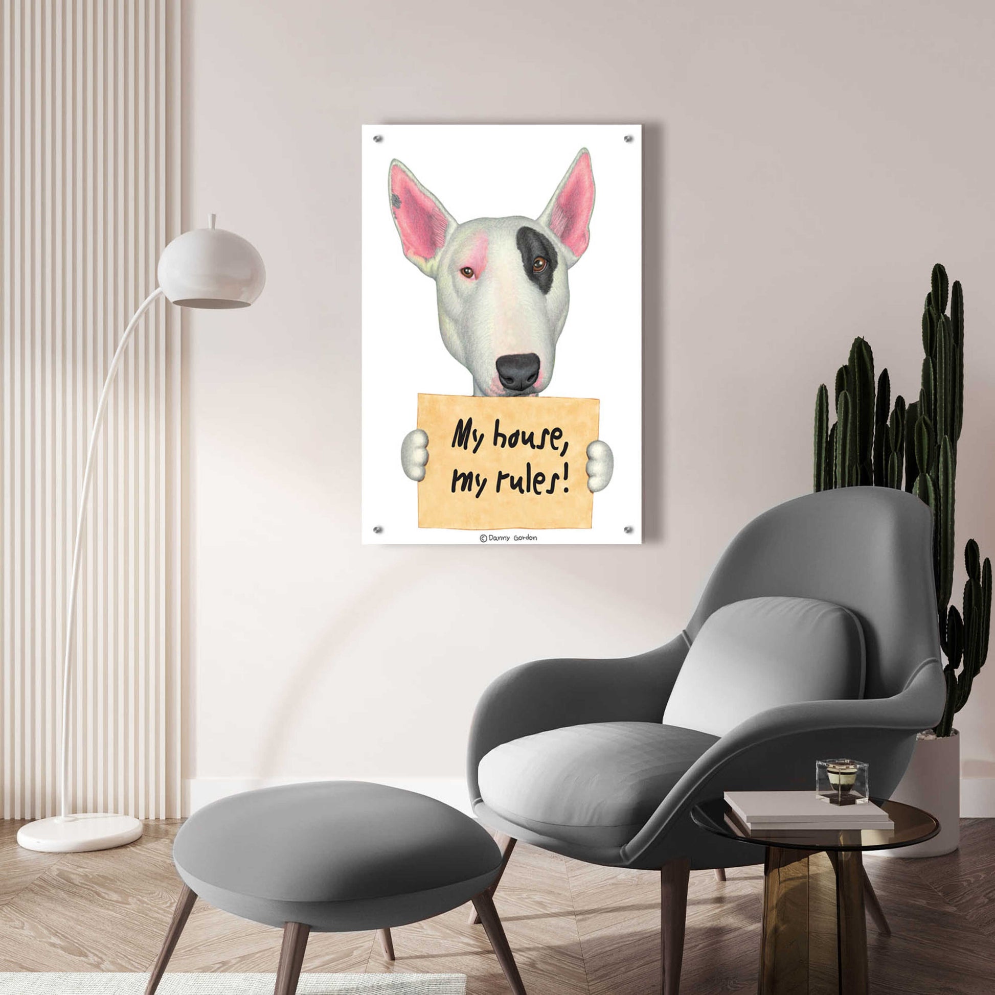 Epic Art 'White Bull Terrier with Sign' by Danny Gordon Art, Acrylic Glass Wall Art,24x36