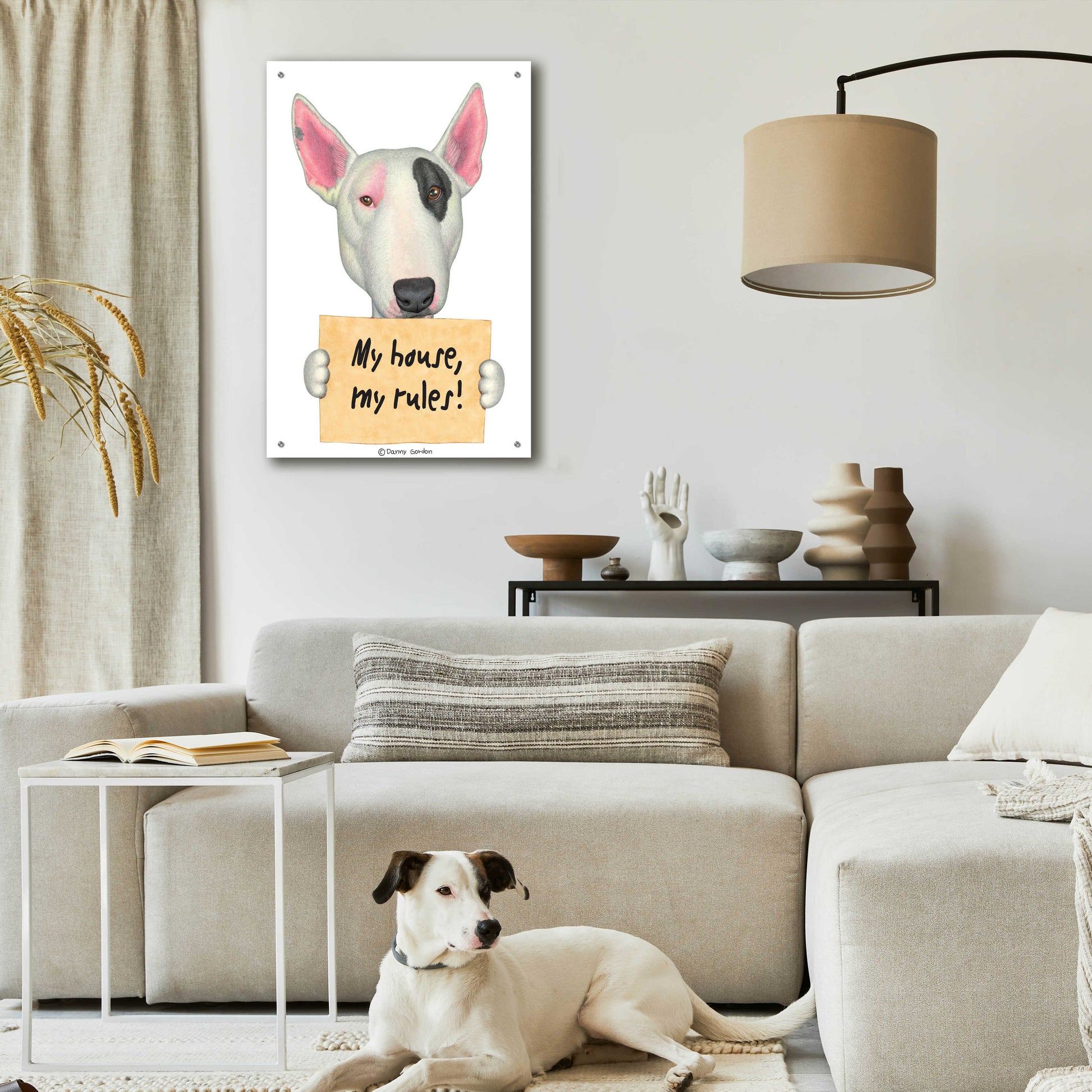 Epic Art 'White Bull Terrier with Sign' by Danny Gordon Art, Acrylic Glass Wall Art,24x36