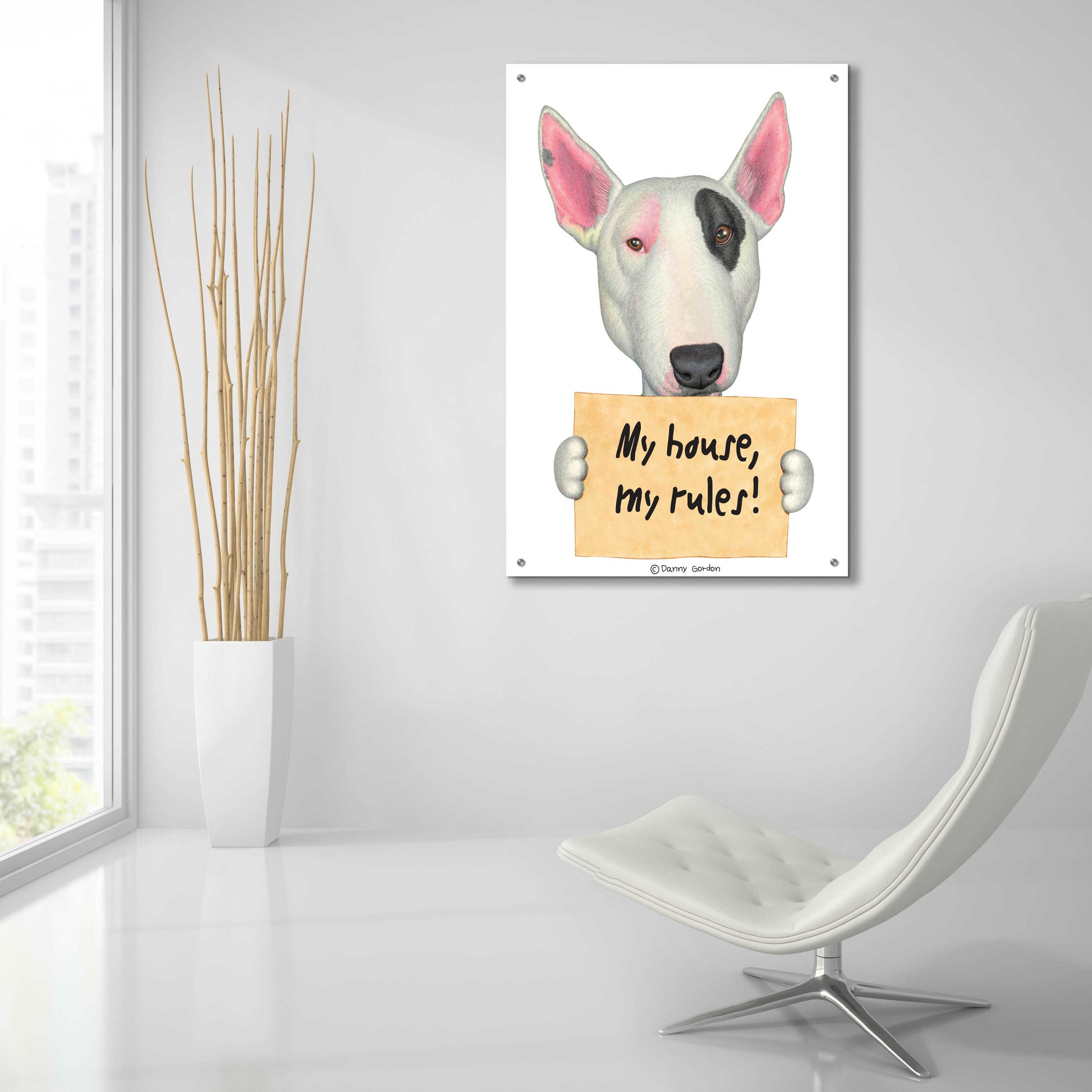 Epic Art 'White Bull Terrier with Sign' by Danny Gordon Art, Acrylic Glass Wall Art,24x36