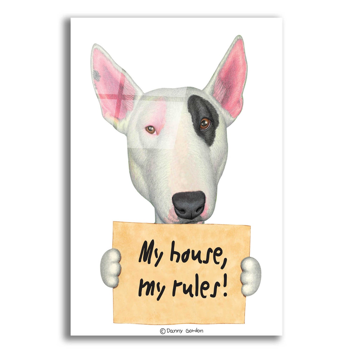 Epic Art 'White Bull Terrier with Sign' by Danny Gordon Art, Acrylic Glass Wall Art