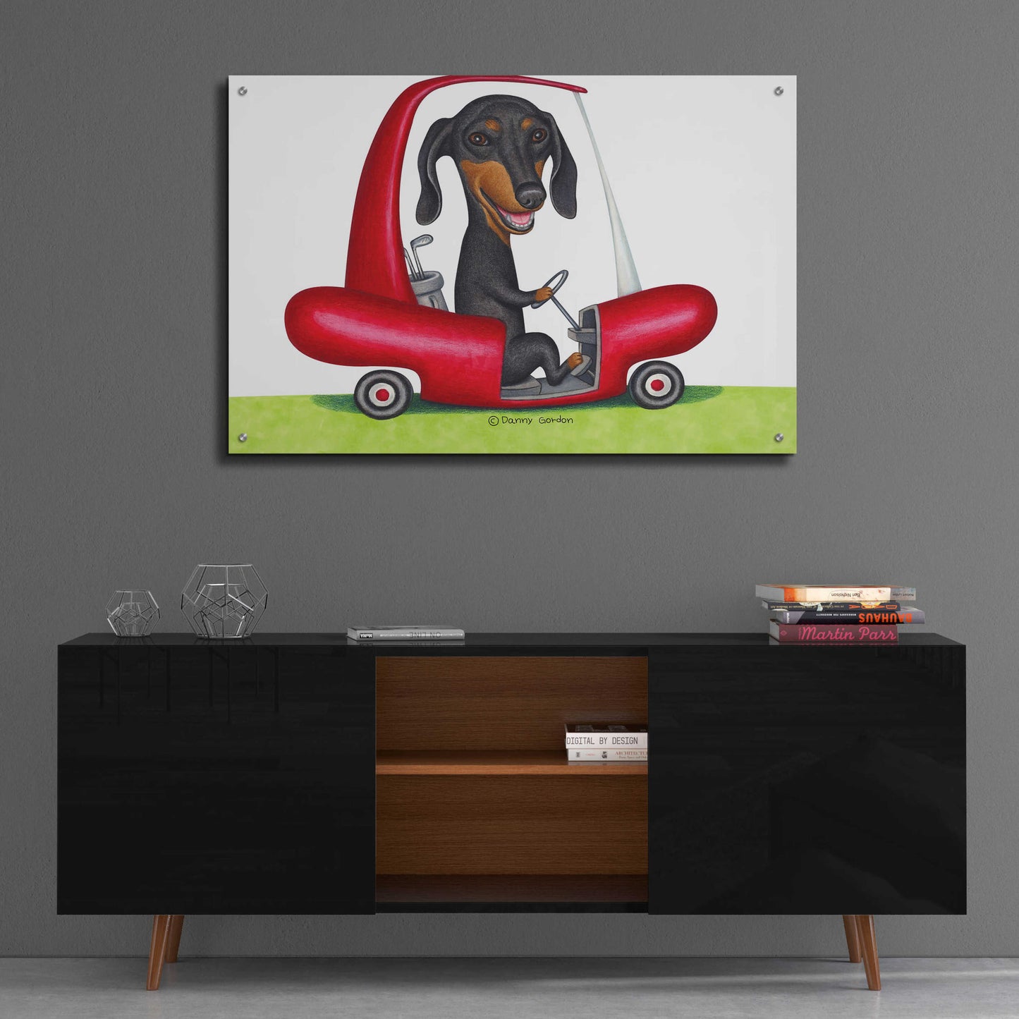 Epic Art 'Black Dachshund in Golf Cart' by Danny Gordon Art, Acrylic Glass Wall Art,36x24