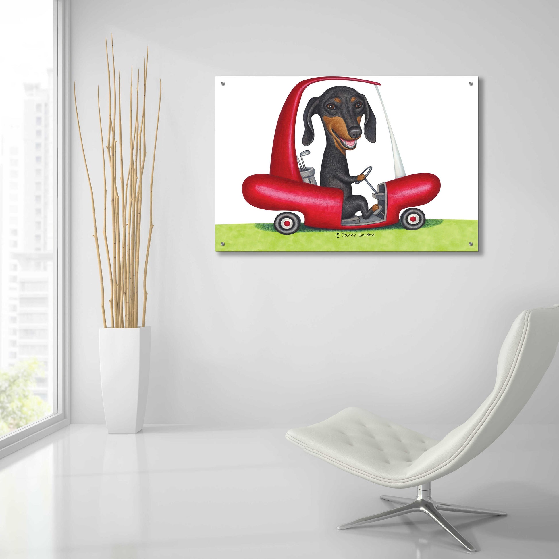 Epic Art 'Black Dachshund in Golf Cart' by Danny Gordon Art, Acrylic Glass Wall Art,36x24