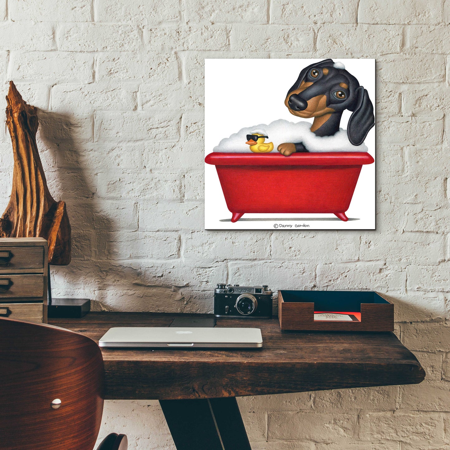 Epic Art 'Black Dachshund in Red Tub' by Danny Gordon Art, Acrylic Glass Wall Art,12x12