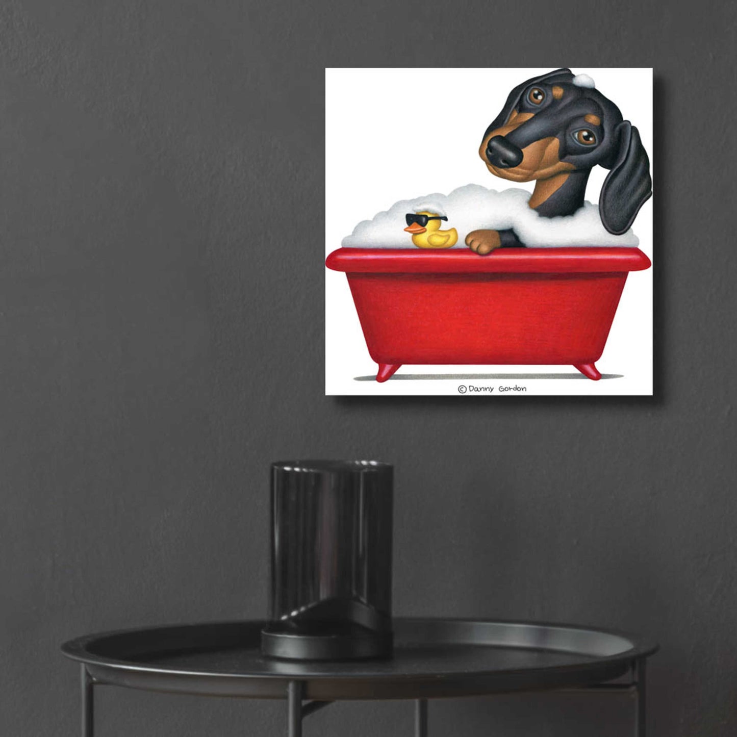 Epic Art 'Black Dachshund in Red Tub' by Danny Gordon Art, Acrylic Glass Wall Art,12x12