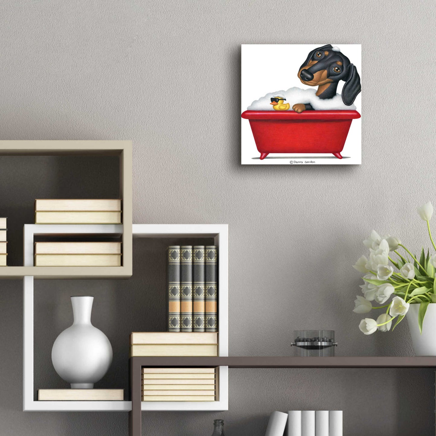 Epic Art 'Black Dachshund in Red Tub' by Danny Gordon Art, Acrylic Glass Wall Art,12x12