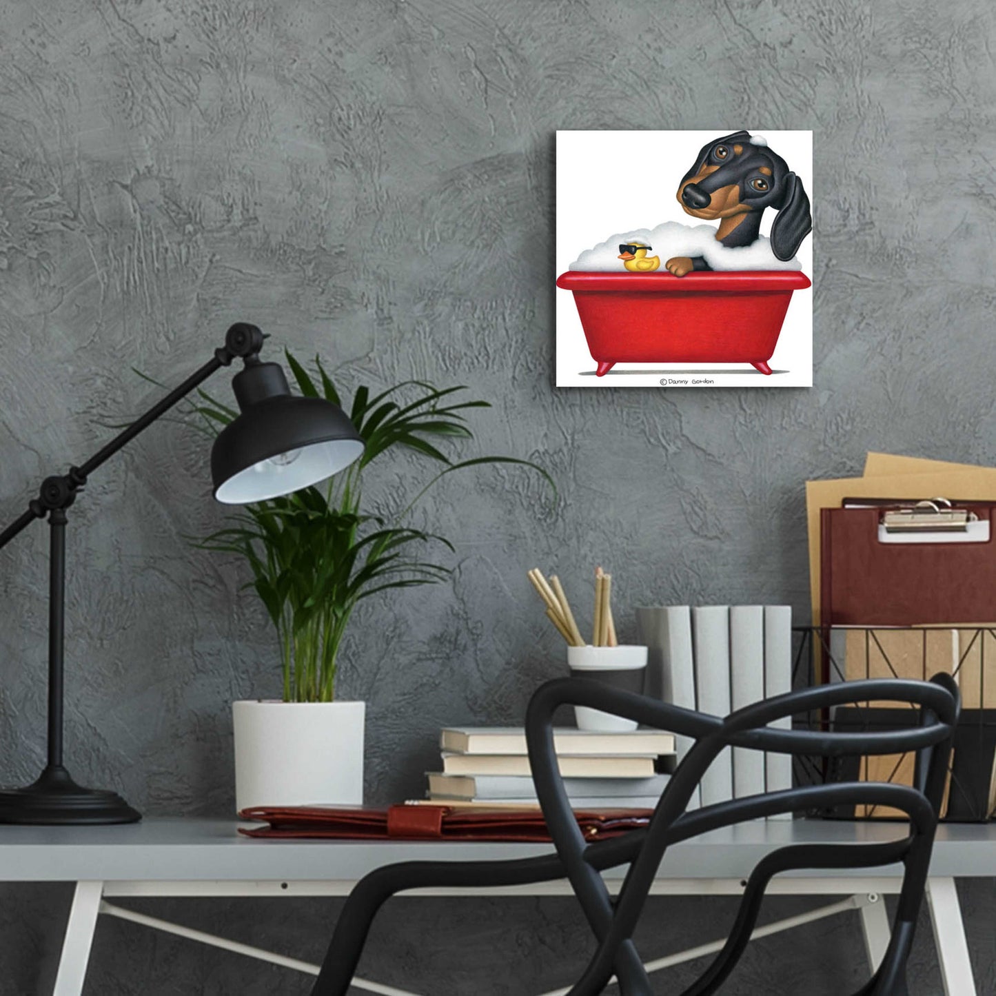 Epic Art 'Black Dachshund in Red Tub' by Danny Gordon Art, Acrylic Glass Wall Art,12x12