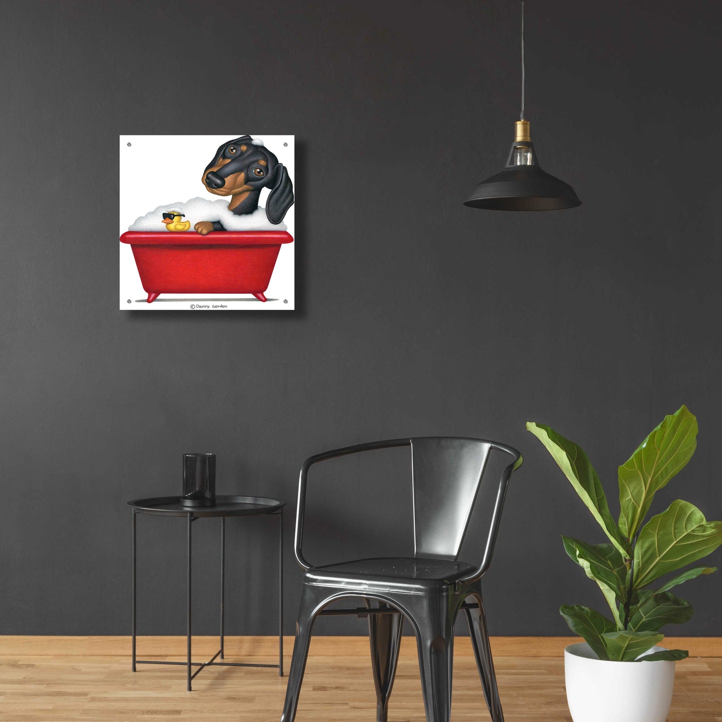 Epic Art 'Black Dachshund in Red Tub' by Danny Gordon Art, Acrylic Glass Wall Art,24x24