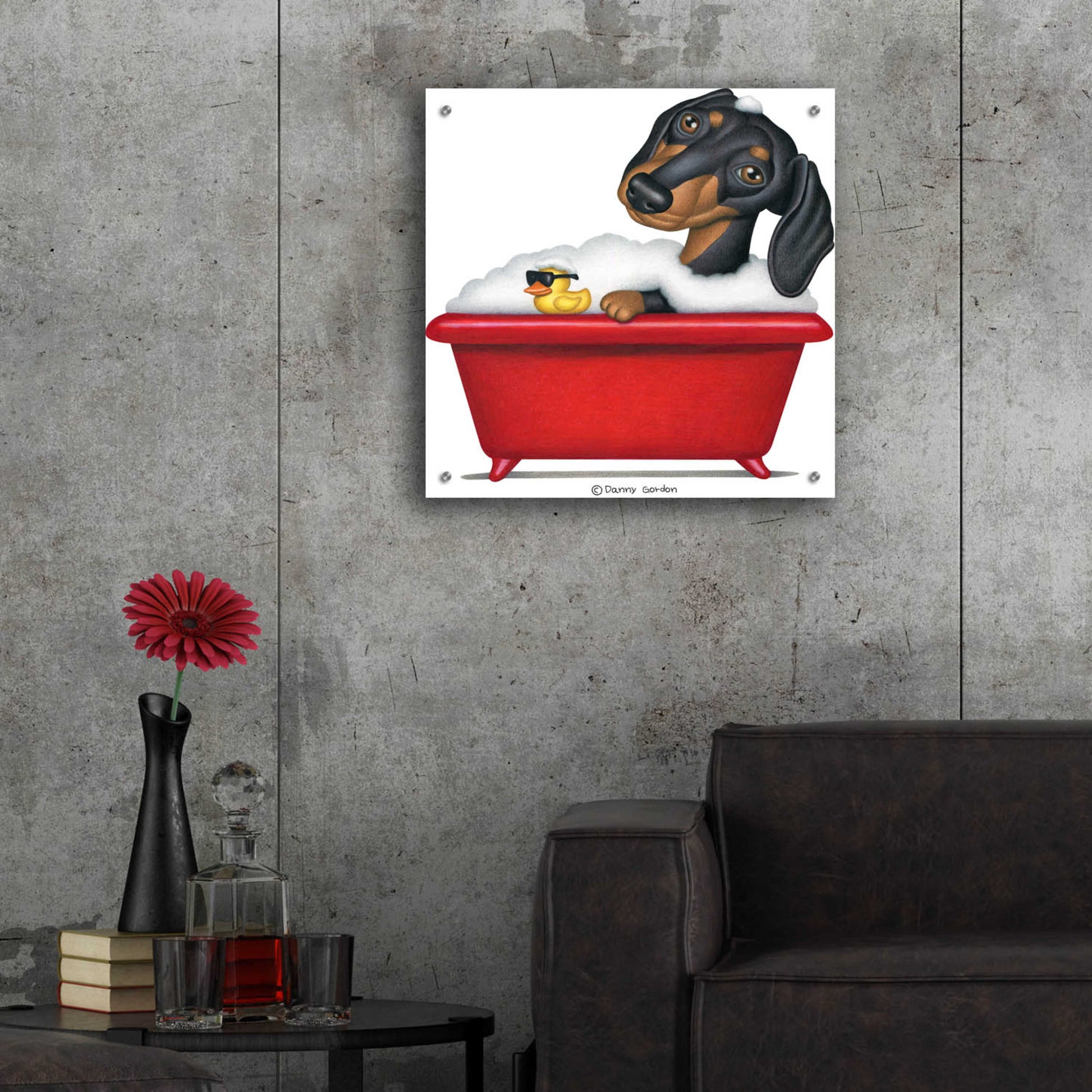 Epic Art 'Black Dachshund in Red Tub' by Danny Gordon Art, Acrylic Glass Wall Art,24x24